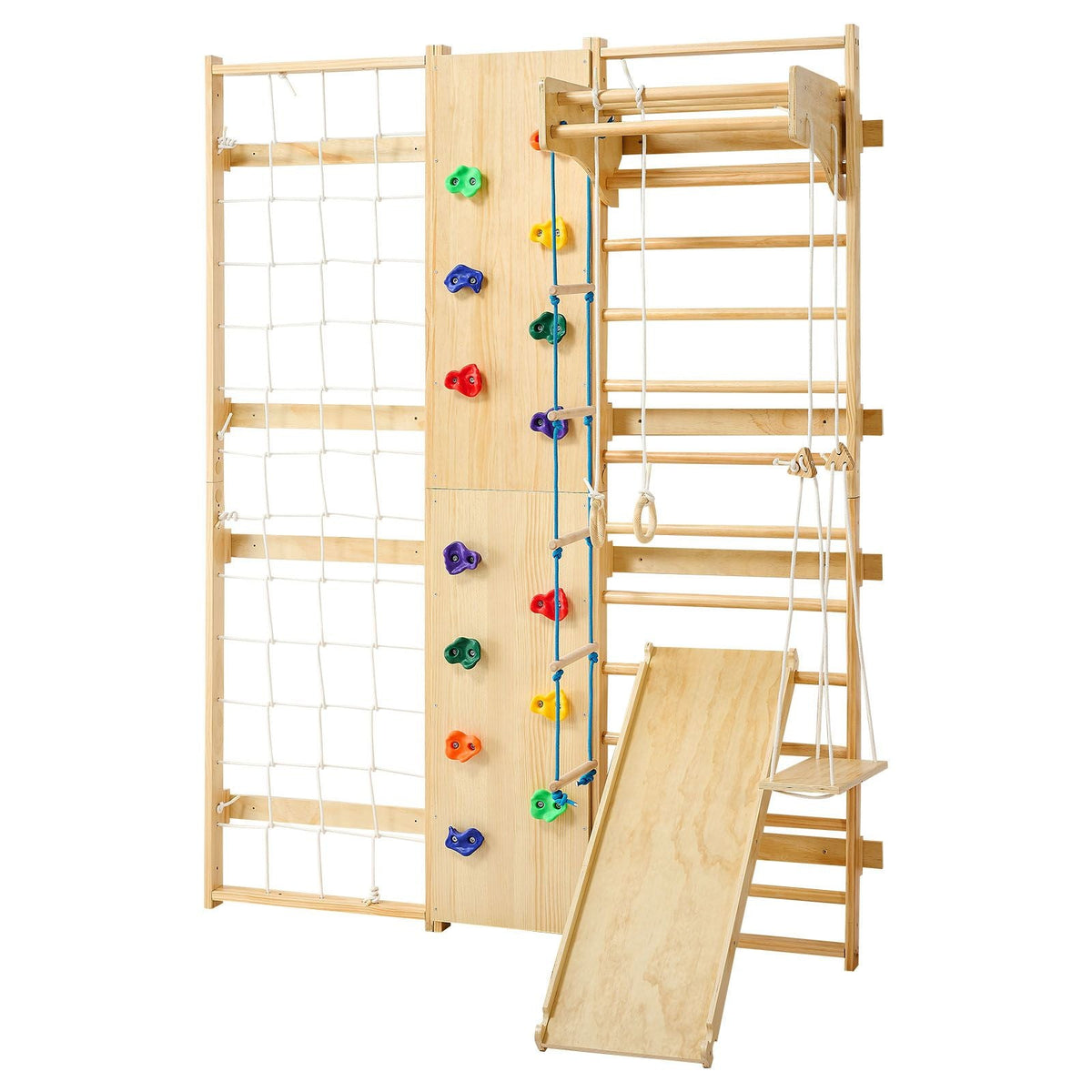 Swedish Ladder Wall Gym, 9-in-1 12-Level Solid Wood Gymnastic Stall Bars for Kids Adults, 220LBS Indoor Jungle Gym with Rock Climbing Wall, Gym Rings, Pull-Up Bar, Climbing Board, Slide, Swing