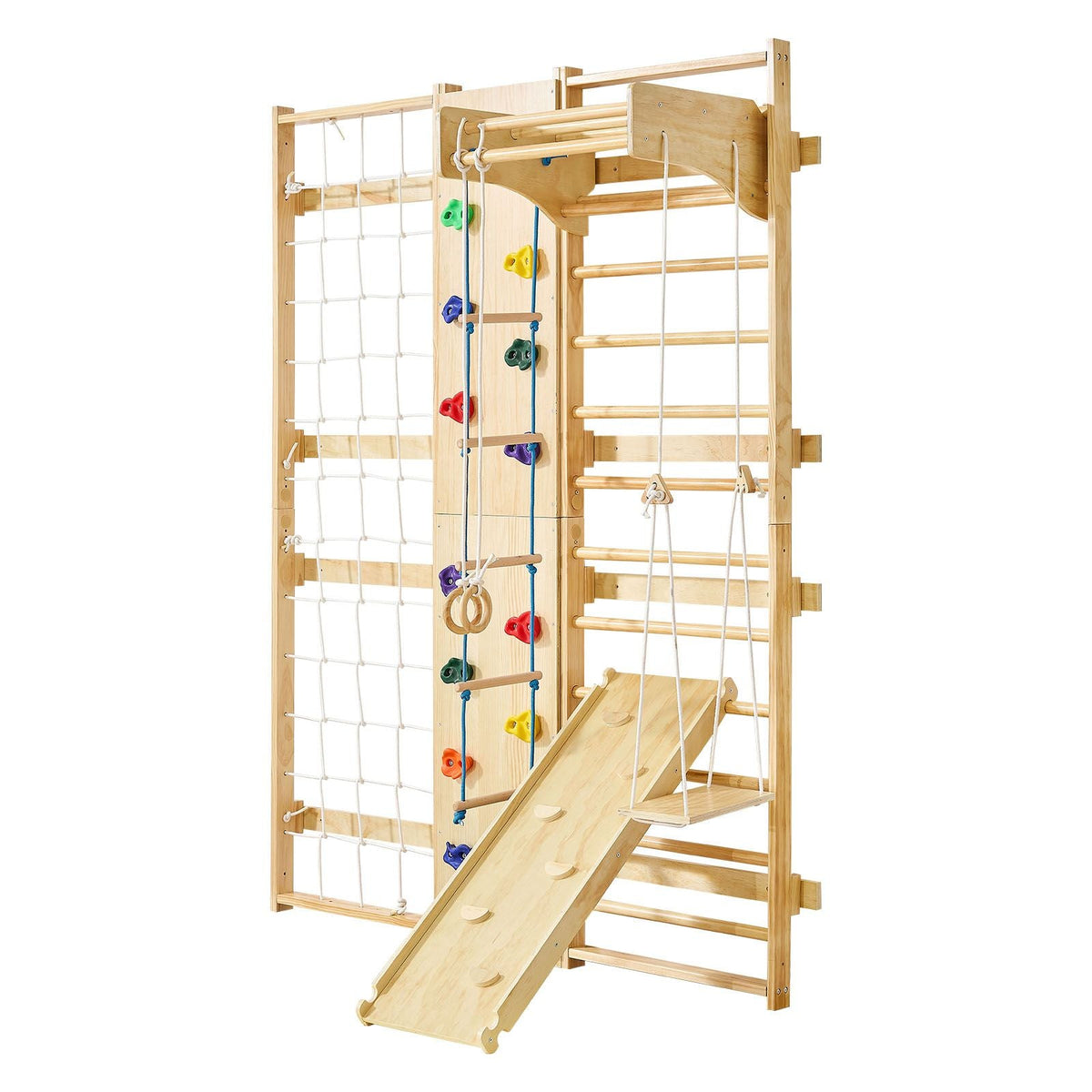 Swedish Ladder Wall Gym, 9-in-1 12-Level Solid Wood Gymnastic Stall Bars for Kids Adults, 220LBS Indoor Jungle Gym with Rock Climbing Wall, Gym Rings, Pull-Up Bar, Climbing Board, Slide, Swing