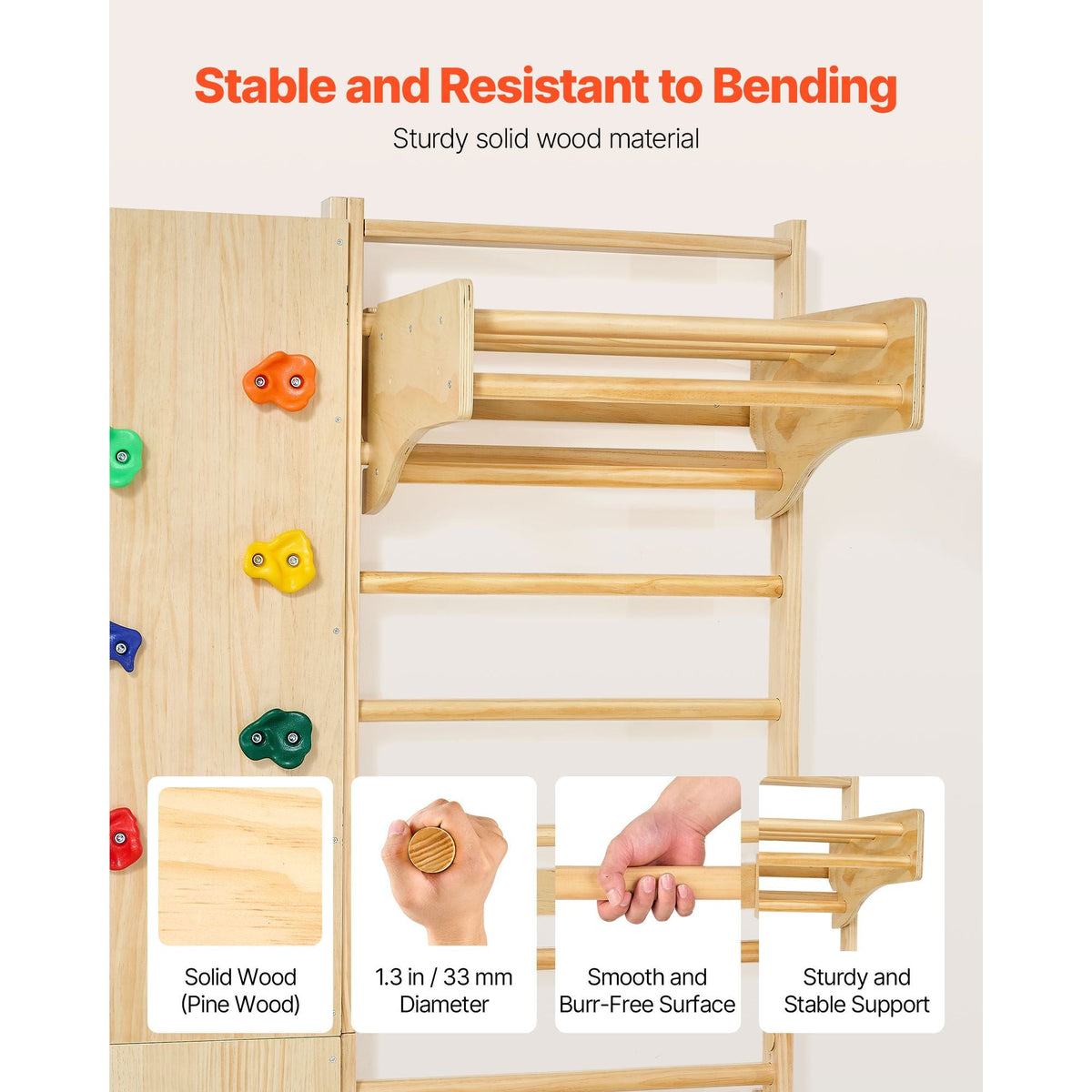 Swedish Ladder Wall Gym, 9-in-1 12-Level Solid Wood Gymnastic Stall Bars for Kids Adults, 220LBS Indoor Jungle Gym with Rock Climbing Wall, Gym Rings, Pull-Up Bar, Climbing Board, Slide, Swing