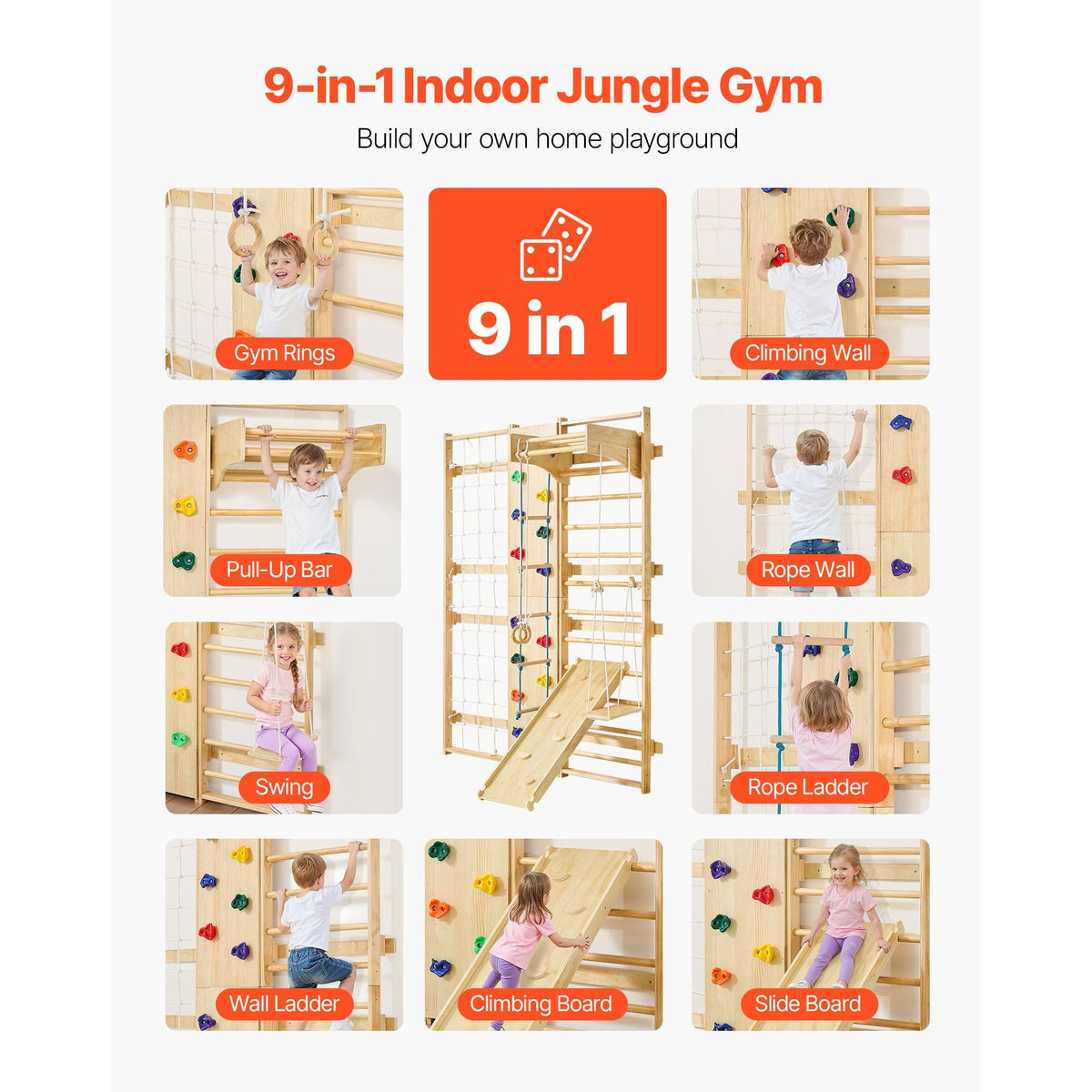 Swedish Ladder Wall Gym, 9-in-1 12-Level Solid Wood Gymnastic Stall Bars for Kids Adults, 220LBS Indoor Jungle Gym with Rock Climbing Wall, Gym Rings, Pull-Up Bar, Climbing Board, Slide, Swing