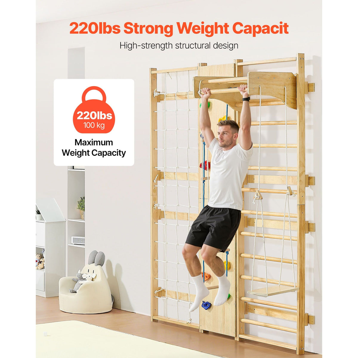 Swedish Ladder Wall Gym, 9-in-1 12-Level Solid Wood Gymnastic Stall Bars for Kids Adults, 220LBS Indoor Jungle Gym with Rock Climbing Wall, Gym Rings, Pull-Up Bar, Climbing Board, Slide, Swing