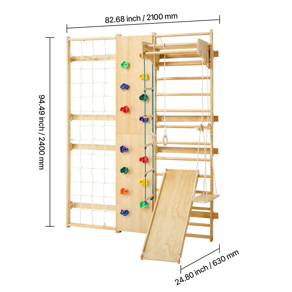 Swedish Ladder Wall Gym, 9-in-1 12-Level Solid Wood Gymnastic Stall Bars for Kids Adults, 220LBS Indoor Jungle Gym with Rock Climbing Wall, Gym Rings, Pull-Up Bar, Climbing Board, Slide, Swing