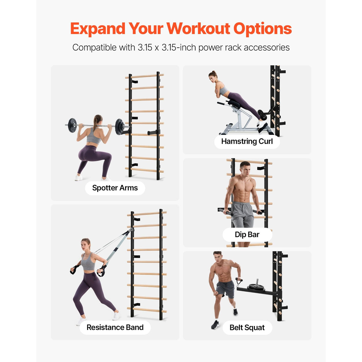 Swedish Ladder Wall Gym, 9-Level Swedish Ladder Suspension Trainer, 330LBS Loading Solid Wood + Carbon Steel Gymnastics Stall Bars for Adult, Compatible with 3.15" x 3.15" Power Rack Accessories
