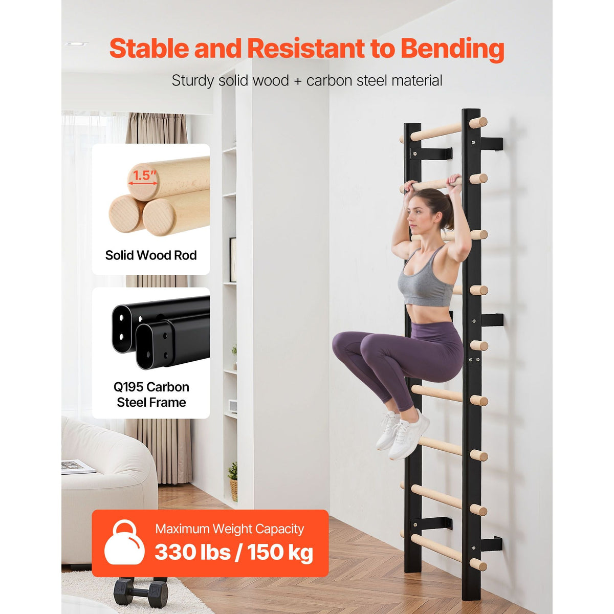 Swedish Ladder Wall Gym, 9-Level Swedish Ladder Suspension Trainer, 330LBS Loading Solid Wood + Carbon Steel Gymnastics Stall Bars for Adult, Compatible with 3.15" x 3.15" Power Rack Accessories