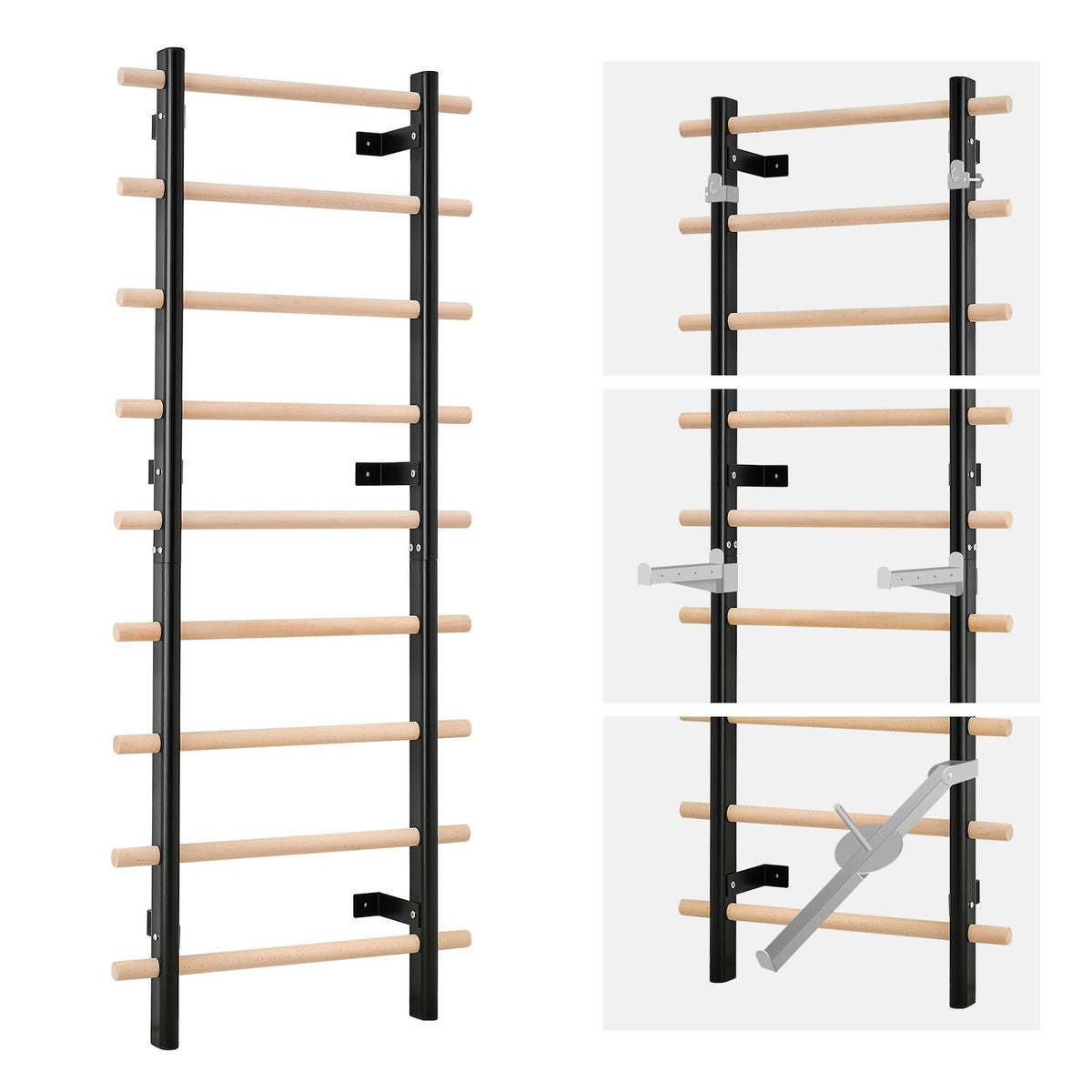 Swedish Ladder Wall Gym, 9-Level Swedish Ladder Suspension Trainer, 330LBS Loading Solid Wood + Carbon Steel Gymnastics Stall Bars for Adult, Compatible with 3.15" x 3.15" Power Rack Accessories
