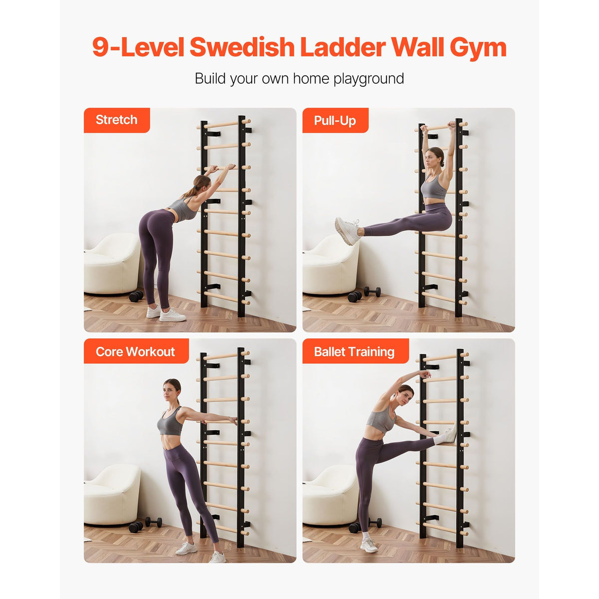 Swedish Ladder Wall Gym, 9-Level Swedish Ladder Suspension Trainer, 330LBS Loading Solid Wood + Carbon Steel Gymnastics Stall Bars for Adult, Compatible with 3.15" x 3.15" Power Rack Accessories