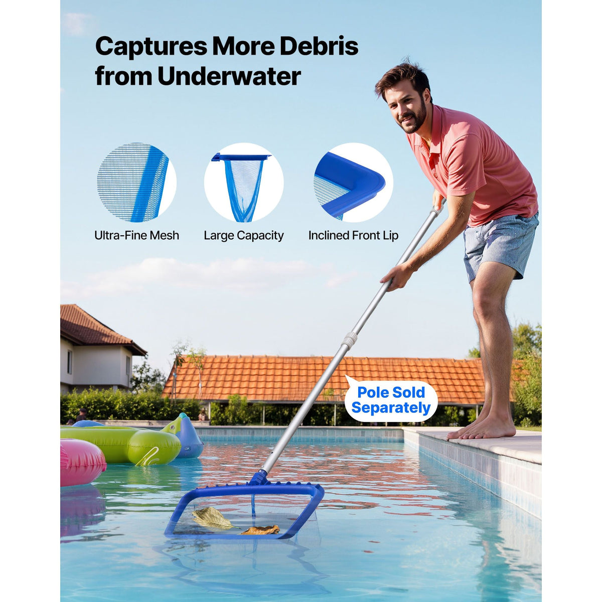 Swimming Pool Cleaning Kit, Includes 2 Detachable Brush Heads (20 Inch / 5.5 Inch) and 2 Pool Skimmer Nets, 4-in-1 Inground/Above Ground Pools Cleaning Tools Set for Leaf, Fine Mesh, No Poles