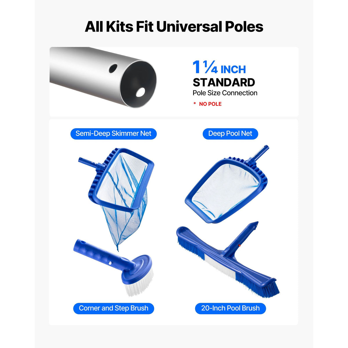 Swimming Pool Cleaning Kit, Includes 2 Detachable Brush Heads (20 Inch / 5.5 Inch) and 2 Pool Skimmer Nets, 4-in-1 Inground/Above Ground Pools Cleaning Tools Set for Leaf, Fine Mesh, No Poles