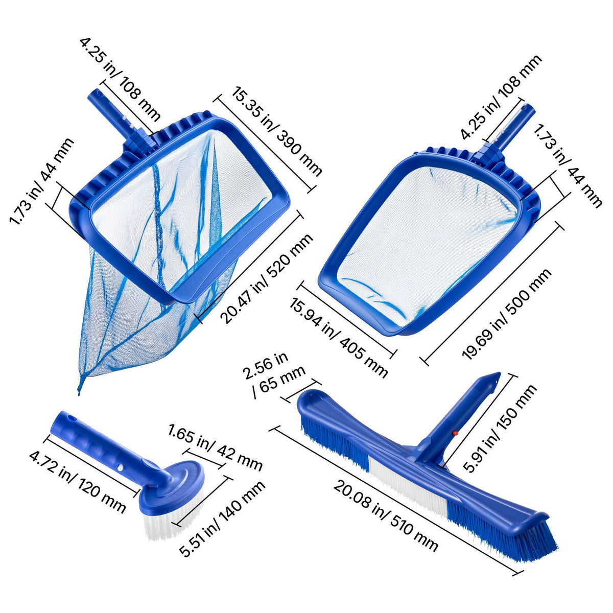 Swimming Pool Cleaning Kit, Includes 2 Detachable Brush Heads (20 Inch / 5.5 Inch) and 2 Pool Skimmer Nets, 4-in-1 Inground/Above Ground Pools Cleaning Tools Set for Leaf, Fine Mesh, No Poles