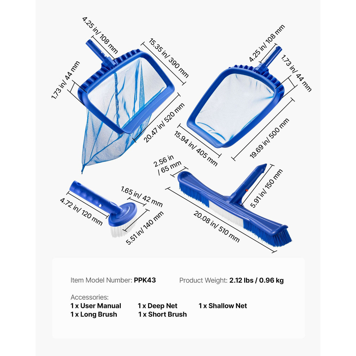 Swimming Pool Cleaning Kit, Includes 2 Detachable Brush Heads (20 Inch / 5.5 Inch) and 2 Pool Skimmer Nets, 4-in-1 Inground/Above Ground Pools Cleaning Tools Set for Leaf, Fine Mesh, No Poles