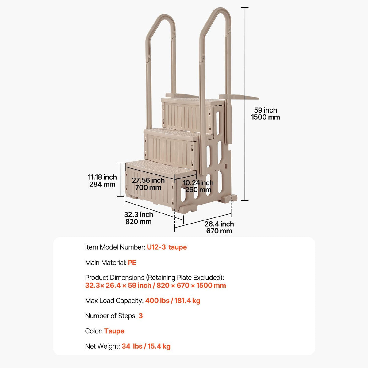 Swimming Pool Ladder, 3-Step Double Handrails Stairs with Non-slip Heavy Duty Steps, Max Load Capacity 400 lbs, for 36-48 Inch Inground & Above-ground Pools of Any Decking Surface, Taupe