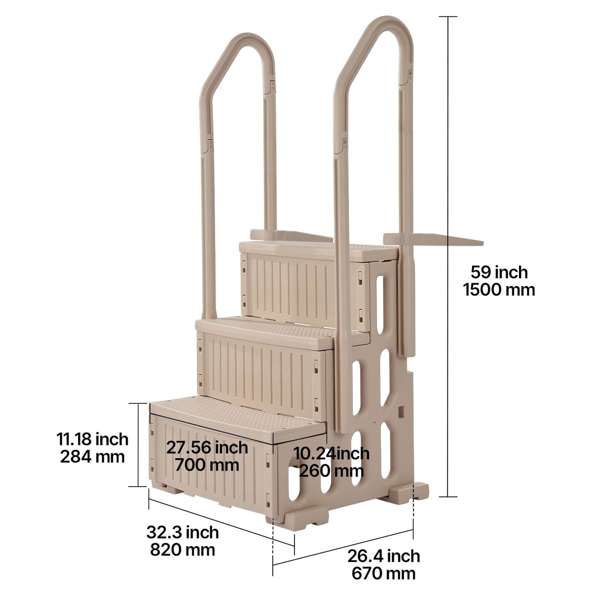 Swimming Pool Ladder, 3-Step Double Handrails Stairs with Non-slip Heavy Duty Steps, Max Load Capacity 400 lbs, for 36-48 Inch Inground & Above-ground Pools of Any Decking Surface, Taupe