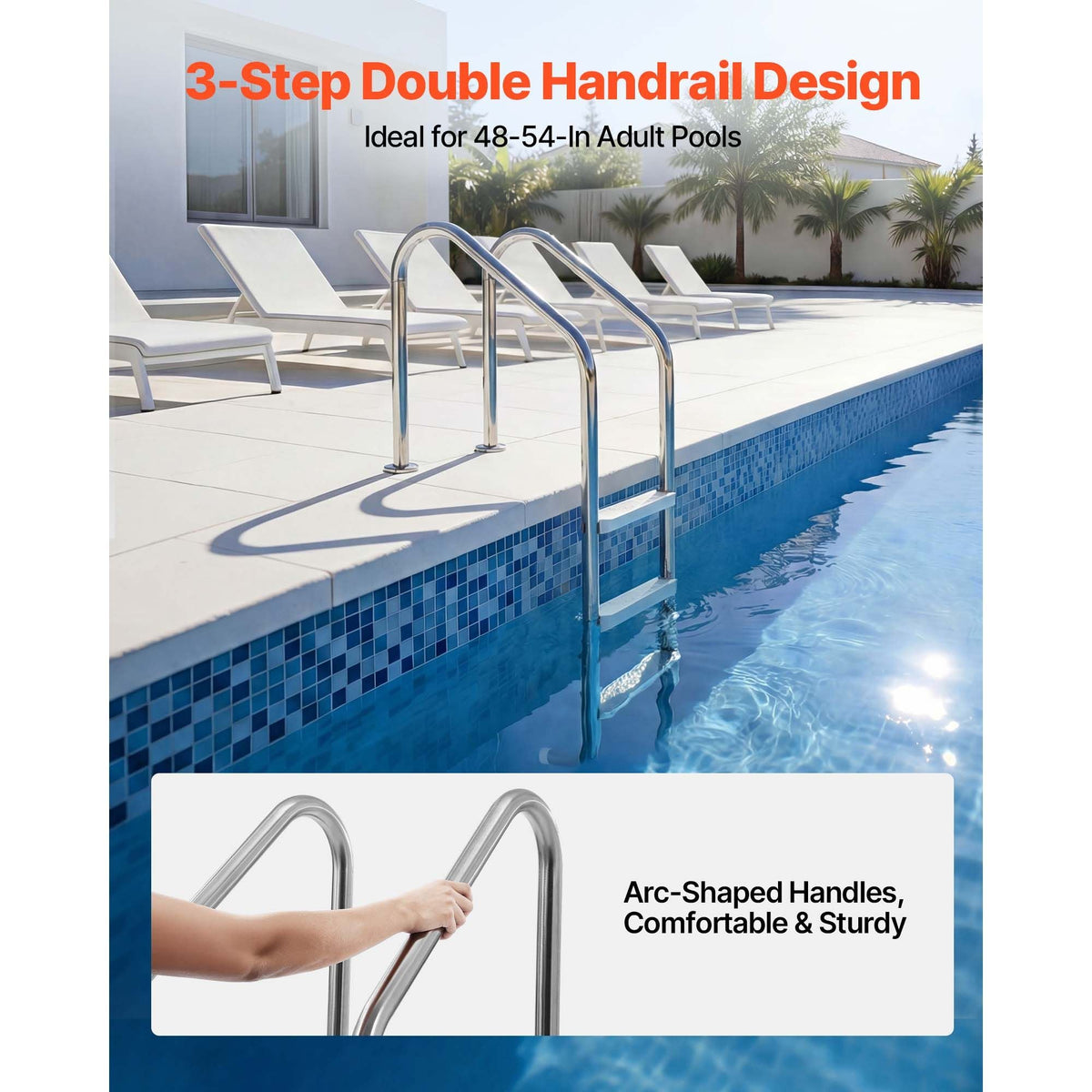 Swimming Pool Ladder, 3-Step Stairs with Double Handrails, Non-slip Heavy Duty Wide Steps, Stainless Steel Frame, 265 lbs Capacity for 48-54 in Inground Pools Entry/Exits, Indoor & Outdoor