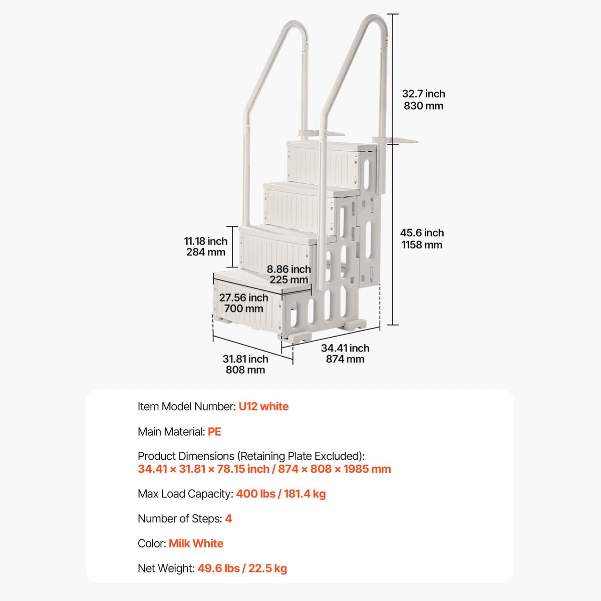 Swimming Pool Ladder, 4-Step Double Handrails Stairs with Non-slip Heavy Duty Steps, Max Load Capacity 400 lbs, for 48-54 In Inground & Above-ground Pools of Any Decking Surface, Milk White