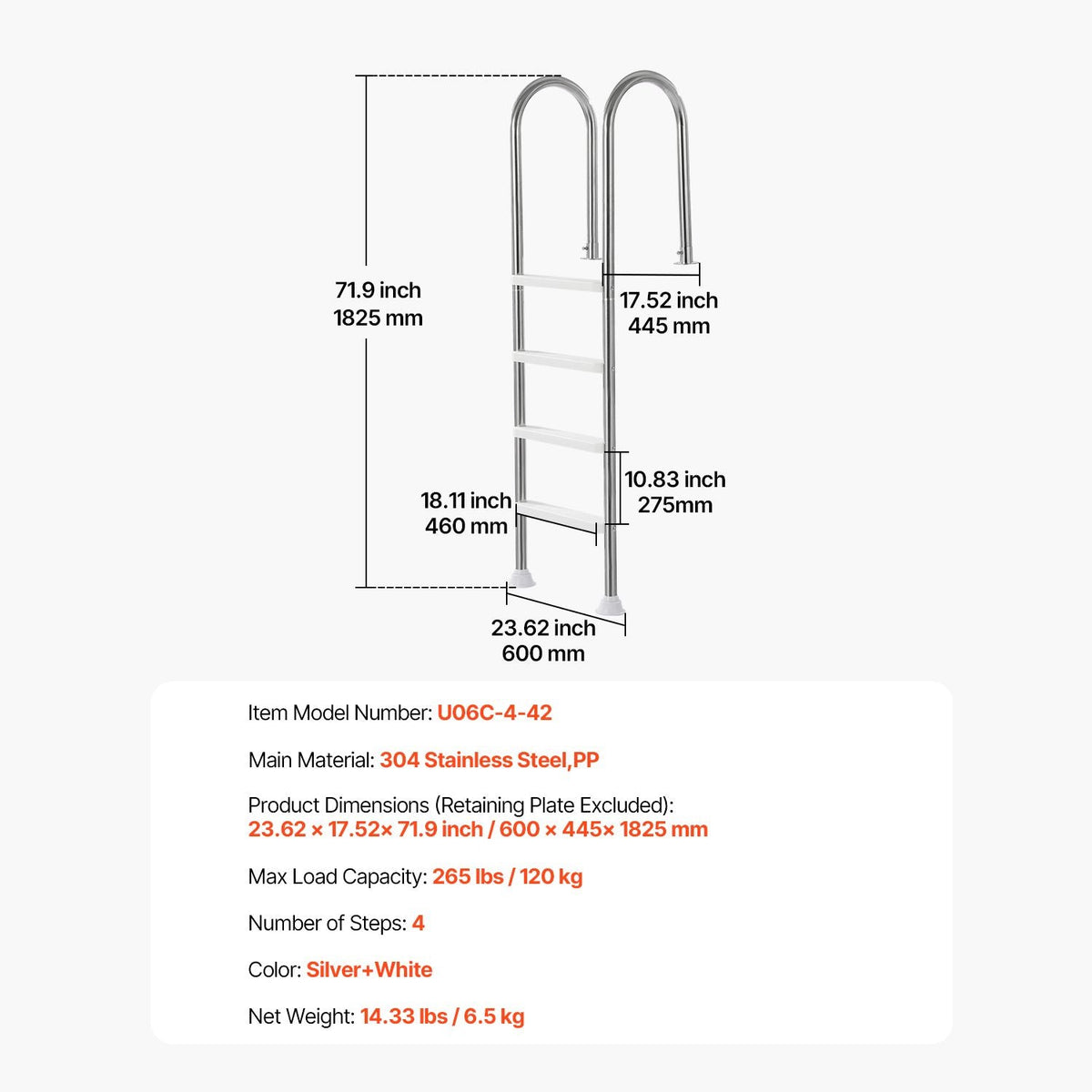 Swimming Pool Ladder, 4-Step Double Handrails Stairs with Non-slip Heavy Duty Steps, Stainless Steel Load Capacity 265 lbs, for 54 In Inground Pools with Mounted Deck Board Indoor & Outdoor