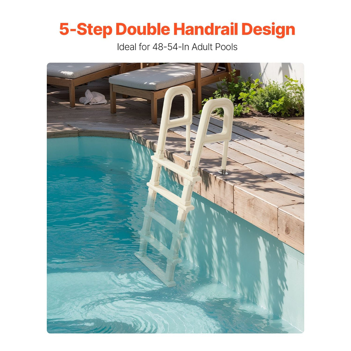 Swimming Pool Ladder, 75°Inclined 5-Step Double Handrails Stair, Non-slip Heavy Duty Steps, Load Capacity 300 lb, for 48-54 In Inground & Above-ground Pools of Any Deck Surface Indoor & Outdoor