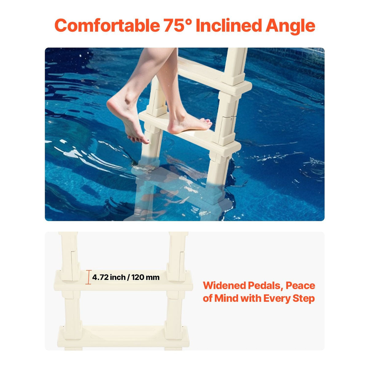 Swimming Pool Ladder, 75°Inclined 5-Step Double Handrails Stair, Non-slip Heavy Duty Steps, Load Capacity 300 lb, for 48-54 In Inground & Above-ground Pools of Any Deck Surface Indoor & Outdoor