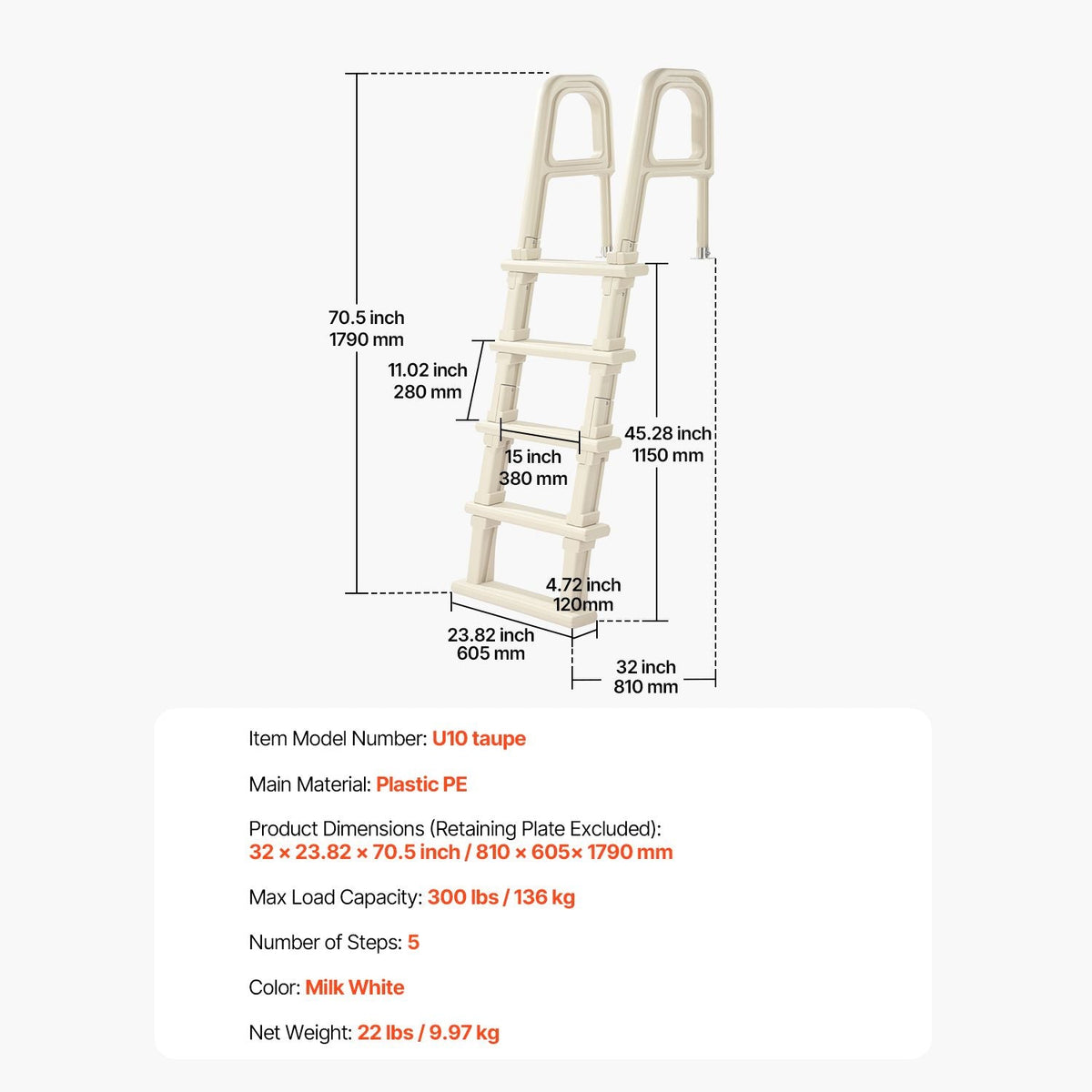 Swimming Pool Ladder, 75°Inclined 5-Step Double Handrails Stair, Non-slip Heavy Duty Steps, Load Capacity 300 lb, for 48-54 In Inground & Above-ground Pools of Any Deck Surface Indoor & Outdoor