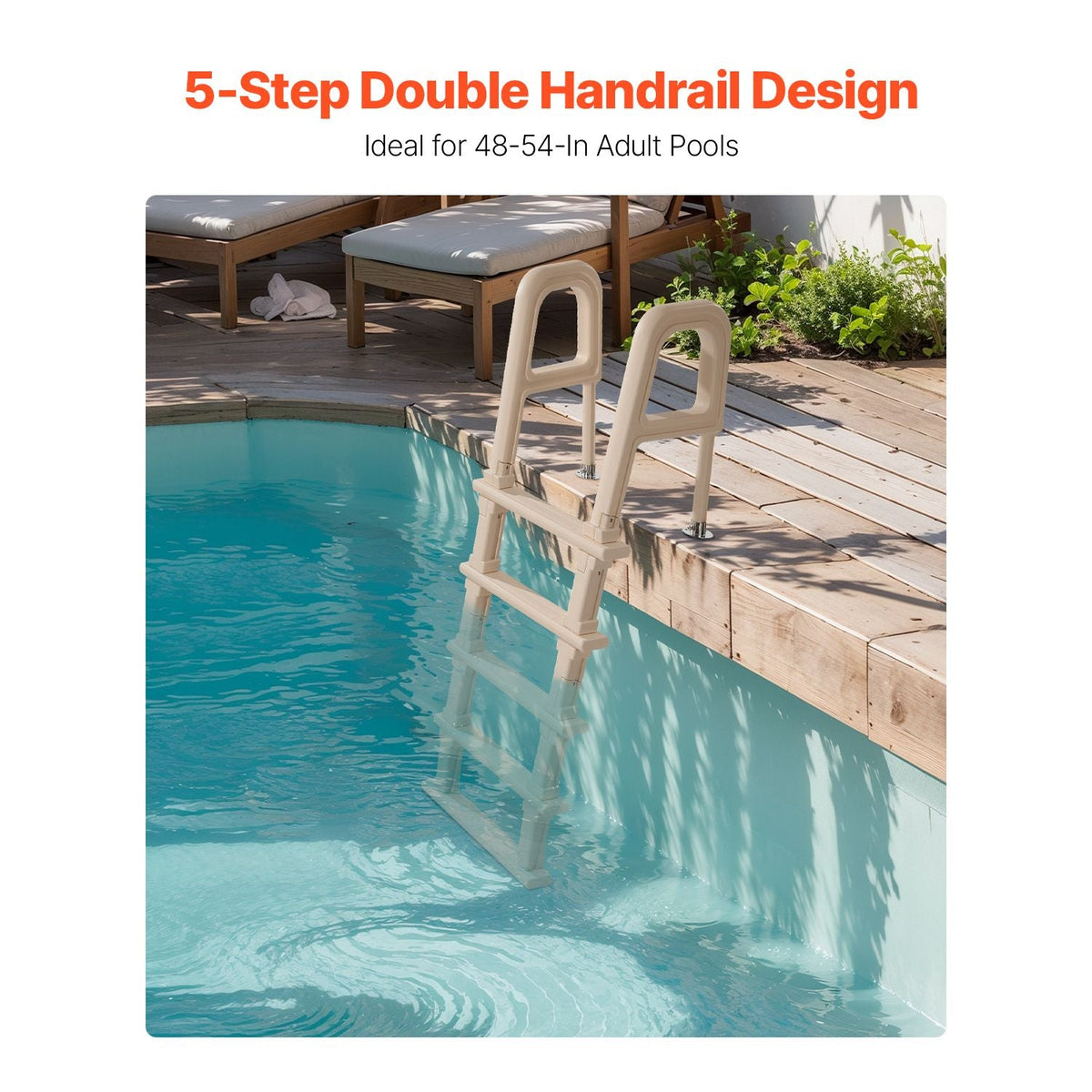 Swimming Pool Ladder, Inclined 5-Step Double Handrails Stair, Non-slip Heavy Duty Step, Load Capacity 300 lb, for 48-54" Inground & Above-ground Pools of Any Deck Surface Indoor & Outdoor, Taupe