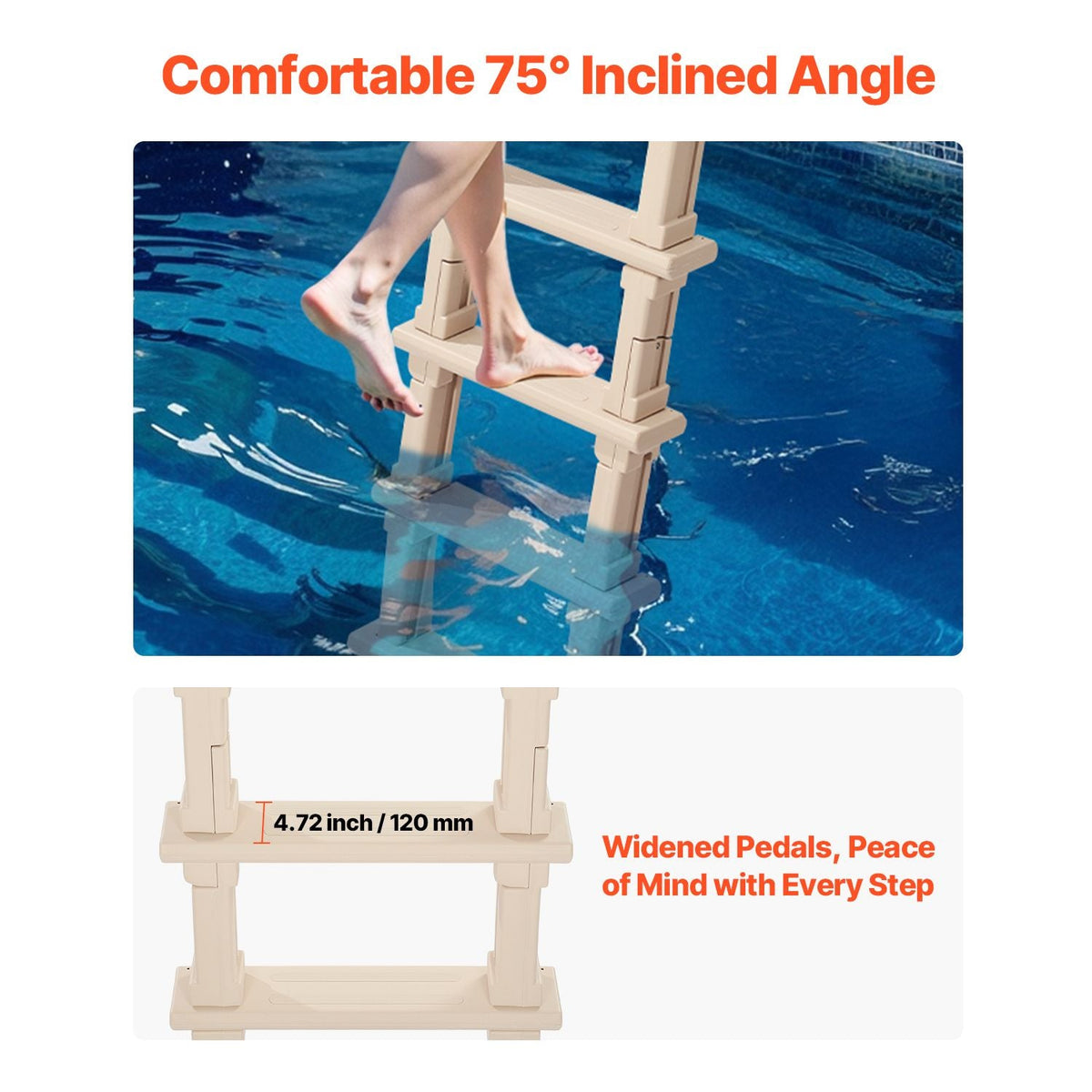 Swimming Pool Ladder, Inclined 5-Step Double Handrails Stair, Non-slip Heavy Duty Step, Load Capacity 300 lb, for 48-54" Inground & Above-ground Pools of Any Deck Surface Indoor & Outdoor, Taupe