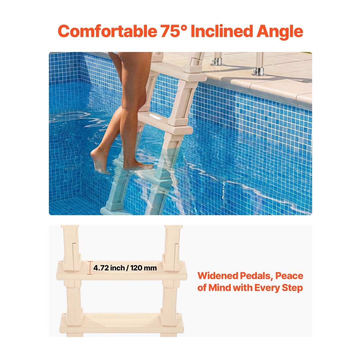 Swimming Pool Ladder, Inclined 5-Step Double Handrails Stair, Non-slip Wide Step, 300 lbs Load Capacity, for 48-54 in Inground & Above-ground Pools, Any Deck Surface, Indoor & Outdoor, Taupe