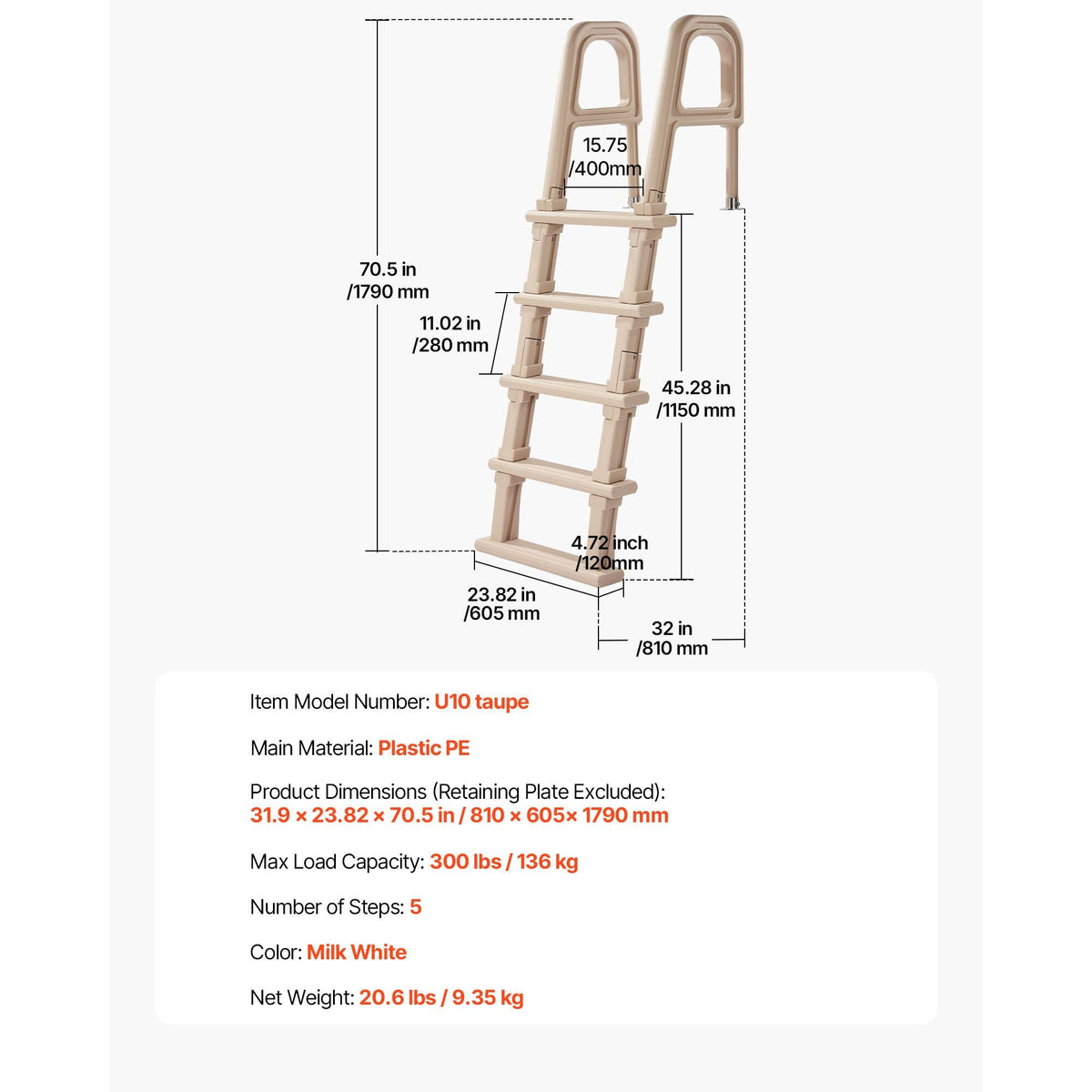 Swimming Pool Ladder, Inclined 5-Step Double Handrails Stair, Non-slip Wide Step, 300 lbs Load Capacity, for 48-54 in Inground & Above-ground Pools, Any Deck Surface, Indoor & Outdoor, Taupe