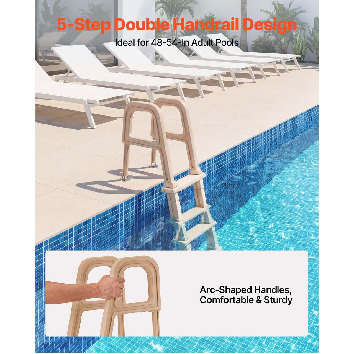 Swimming Pool Ladder, Inclined 5-Step Double Handrails Stair, Non-slip Wide Step, 300 lbs Load Capacity, for 48-54 in Inground & Above-ground Pools, Any Deck Surface, Indoor & Outdoor, Taupe