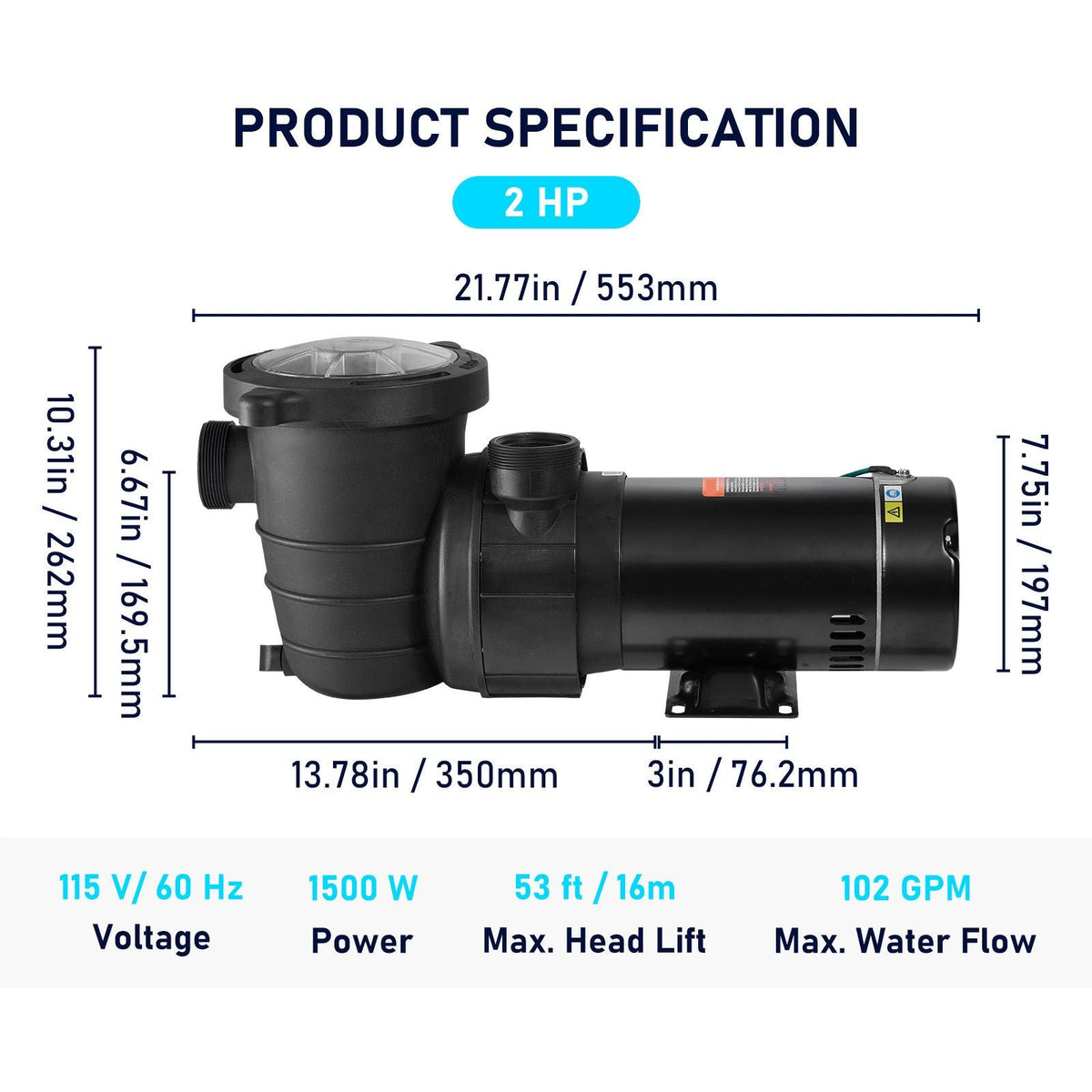 Swimming Pool Pump 2.0HP 115V 1500W, Single Speed Pumps for Above Ground Pool, Powerful Pool Pumps with Strainer Basket, 5400 GPH Max. Flow, ETL Certification