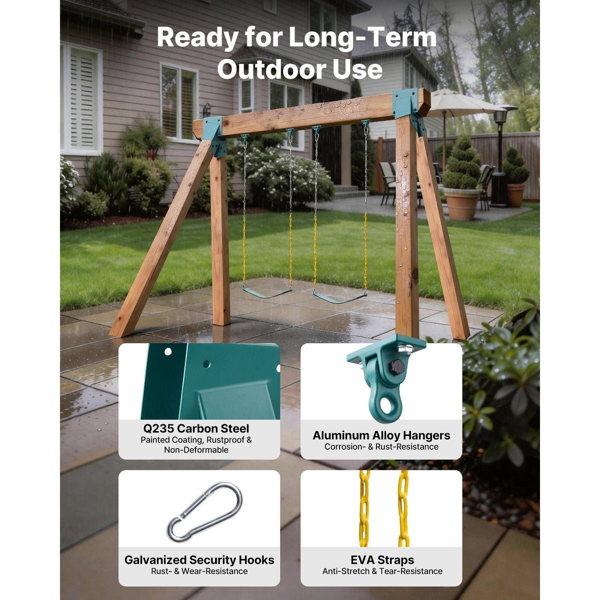 Swing Set Brackets, Heavy-Duty A-frame Set Hardware, with 2 A-Frame Swing Brackets & 2 Seats & 4 Hangers, for Playground Backyard Park Equipment Mounting Parts Outdoor, Hardware Included, Green