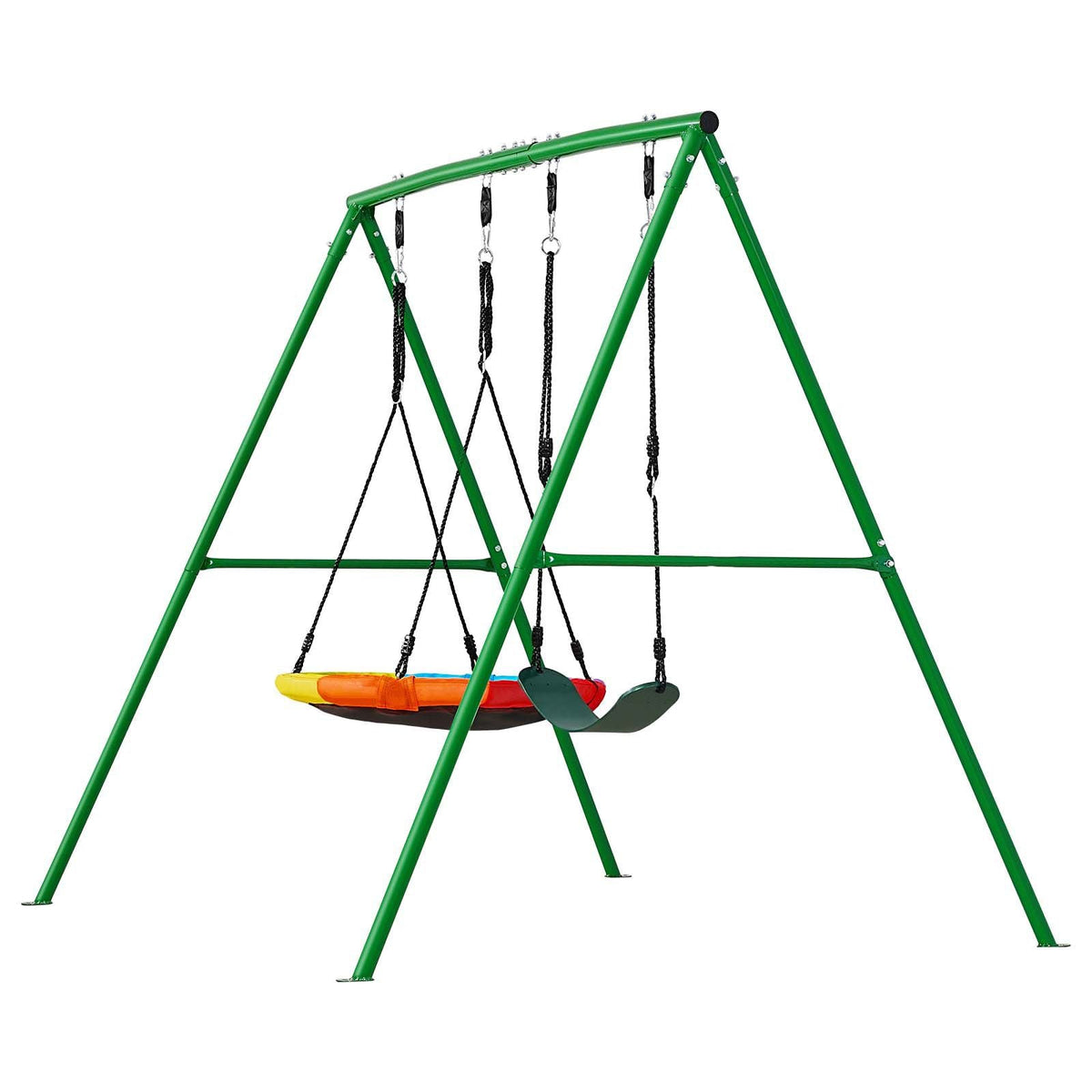 Swing Set for Backyard, 32 in Saucer Swing Seat and Belt Seat, with Heavy Duty A-Frame Metal Stand, 440 lbs Load Capacity, Reinforced with Spiral Ground Anchors, Swingset Outdoor for Kids