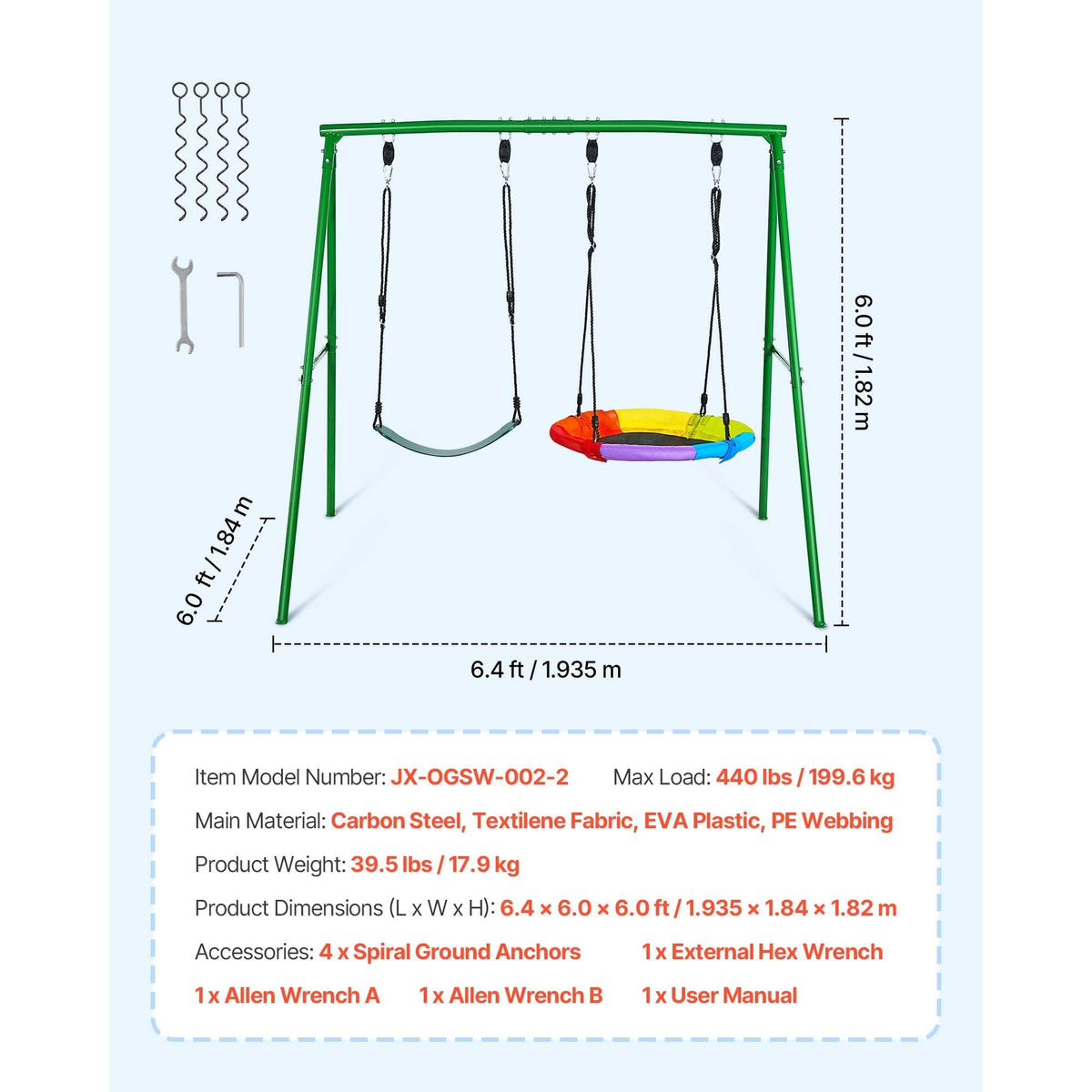 Swing Set for Backyard, 32 in Saucer Swing Seat and Belt Seat, with Heavy Duty A-Frame Metal Stand, 440 lbs Load Capacity, Reinforced with Spiral Ground Anchors, Swingset Outdoor for Kids