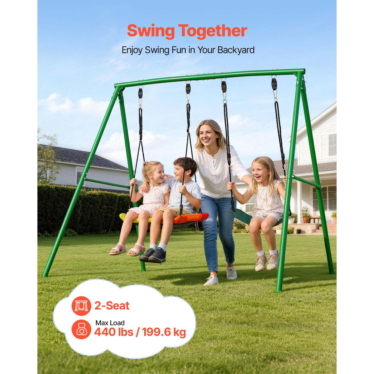 Swing Set for Backyard, 32 in Saucer Swing Seat and Belt Seat, with Heavy Duty A-Frame Metal Stand, 440 lbs Load Capacity, Reinforced with Spiral Ground Anchors, Swingset Outdoor for Kids