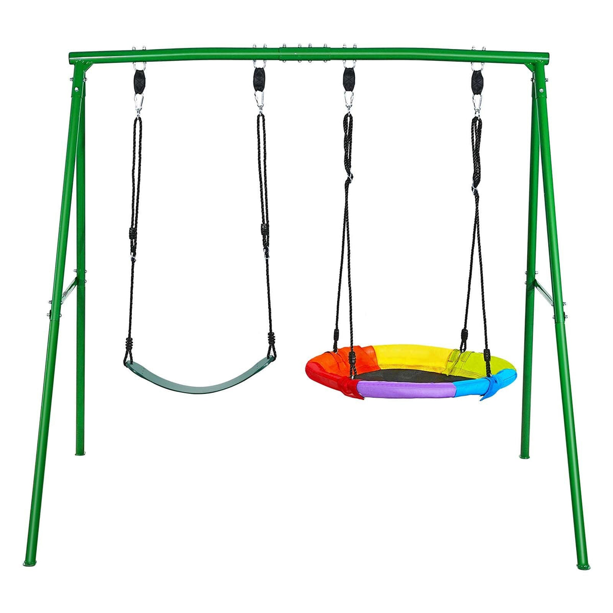 Swing Set for Backyard, 32 in Saucer Swing Seat and Belt Seat, with Heavy Duty A-Frame Metal Stand, 440 lbs Load Capacity, Reinforced with Spiral Ground Anchors, Swingset Outdoor for Kids