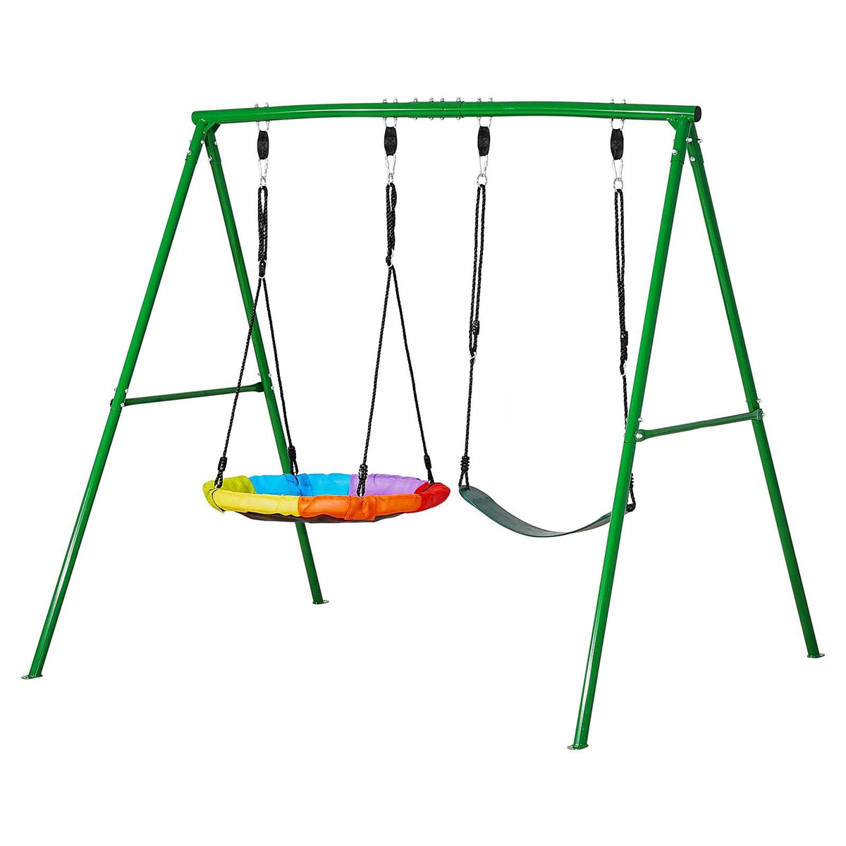 Swing Set for Backyard, 32 in Saucer Swing Seat and Belt Seat, with Heavy Duty A-Frame Metal Stand, 440 lbs Load Capacity, Reinforced with Spiral Ground Anchors, Swingset Outdoor for Kids