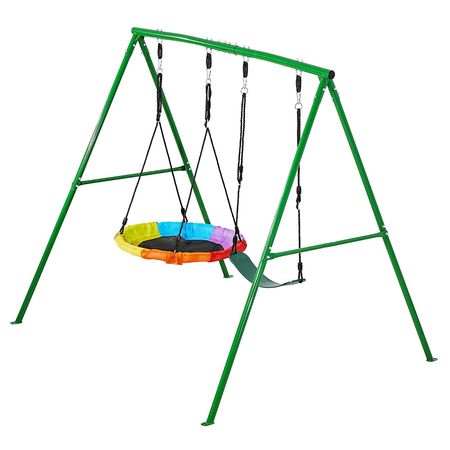 Swing Set for Backyard, 32 in Saucer Swing Seat and Belt Seat, with Heavy Duty A-Frame Metal Stand, 440 lbs Load Capacity, Reinforced with Spiral Ground Anchors, Swingset Outdoor for Kids