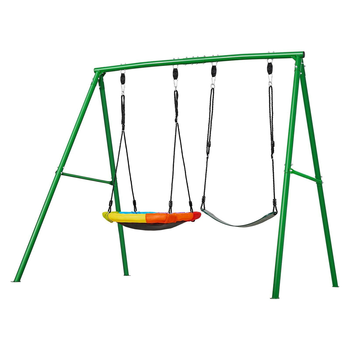 Swing Set for Backyard, 32 in Saucer Swing Seat and Belt Seat, with Heavy Duty A-Frame Metal Stand, 440 lbs Load Capacity, Reinforced with Spiral Ground Anchors, Swingset Outdoor for Kids