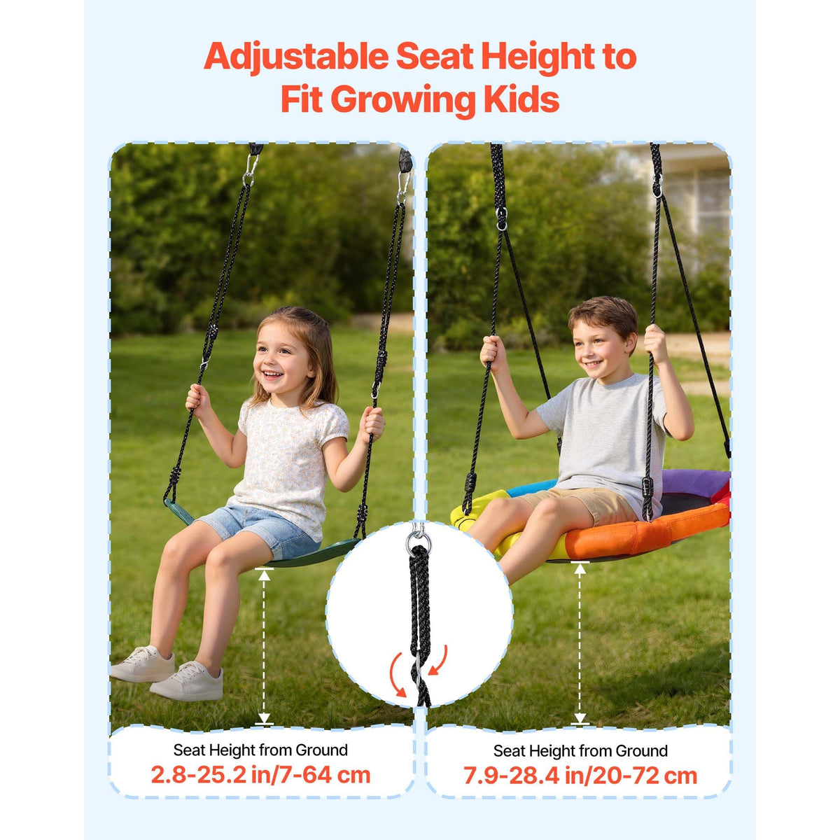 Swing Set for Backyard, 32 in Saucer Swing Seat and Belt Seat, with Heavy Duty A-Frame Metal Stand, 440 lbs Load Capacity, Reinforced with Spiral Ground Anchors, Swingset Outdoor for Kids