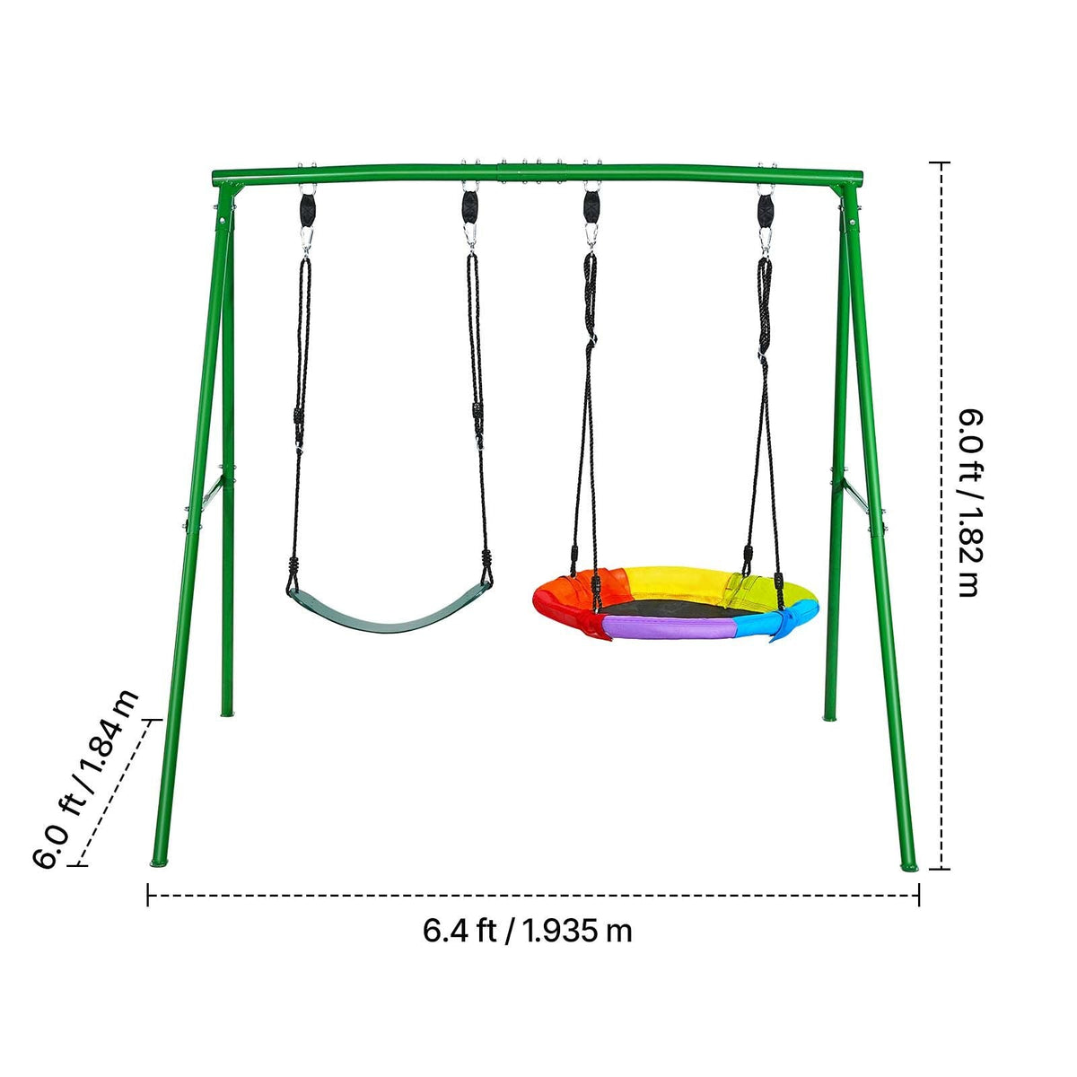 Swing Set for Backyard, 32 in Saucer Swing Seat and Belt Seat, with Heavy Duty A-Frame Metal Stand, 440 lbs Load Capacity, Reinforced with Spiral Ground Anchors, Swingset Outdoor for Kids