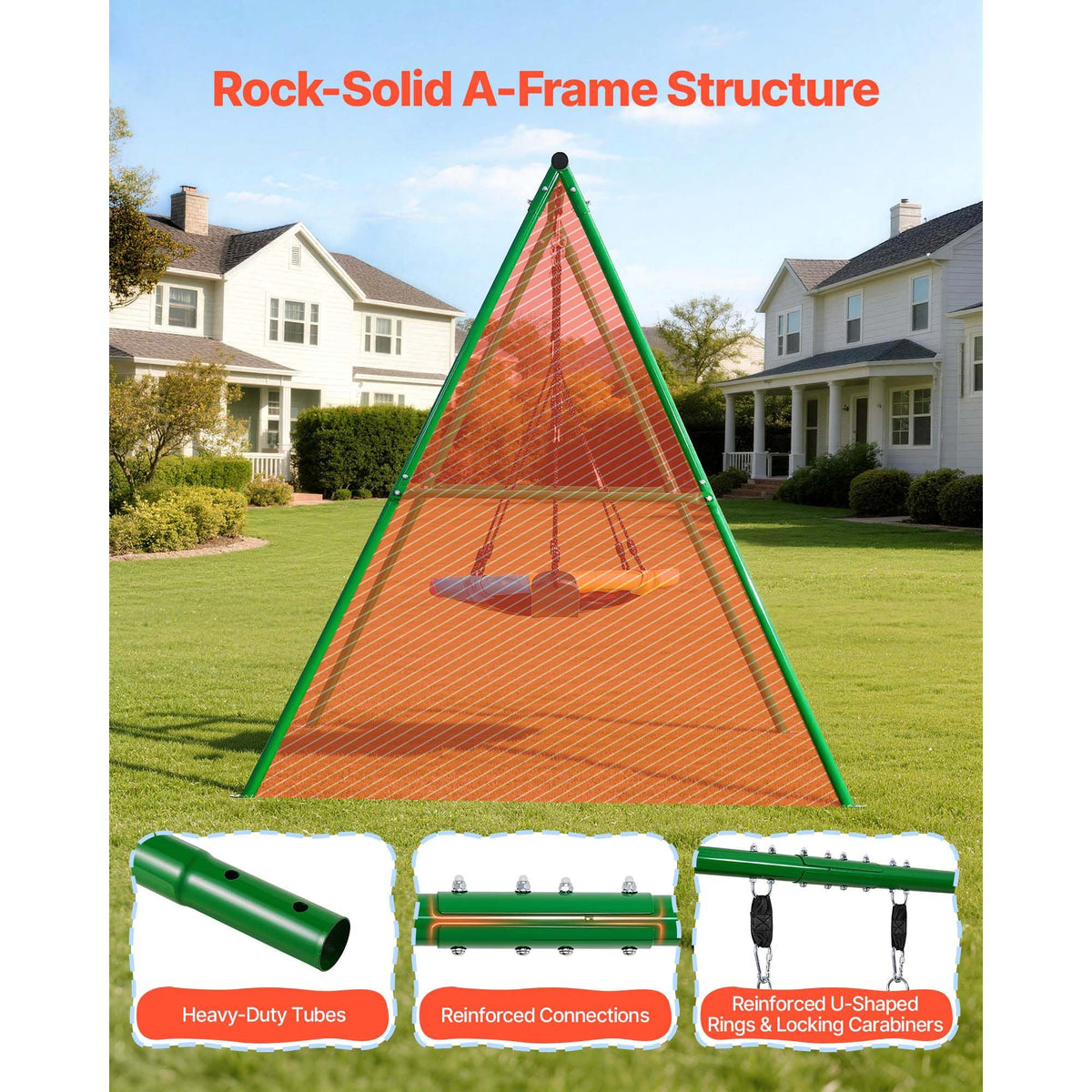 Swing Set for Backyard, 32 in Saucer Swing Seat and Belt Seat, with Heavy Duty A-Frame Metal Stand, 440 lbs Load Capacity, Reinforced with Spiral Ground Anchors, Swingset Outdoor for Kids
