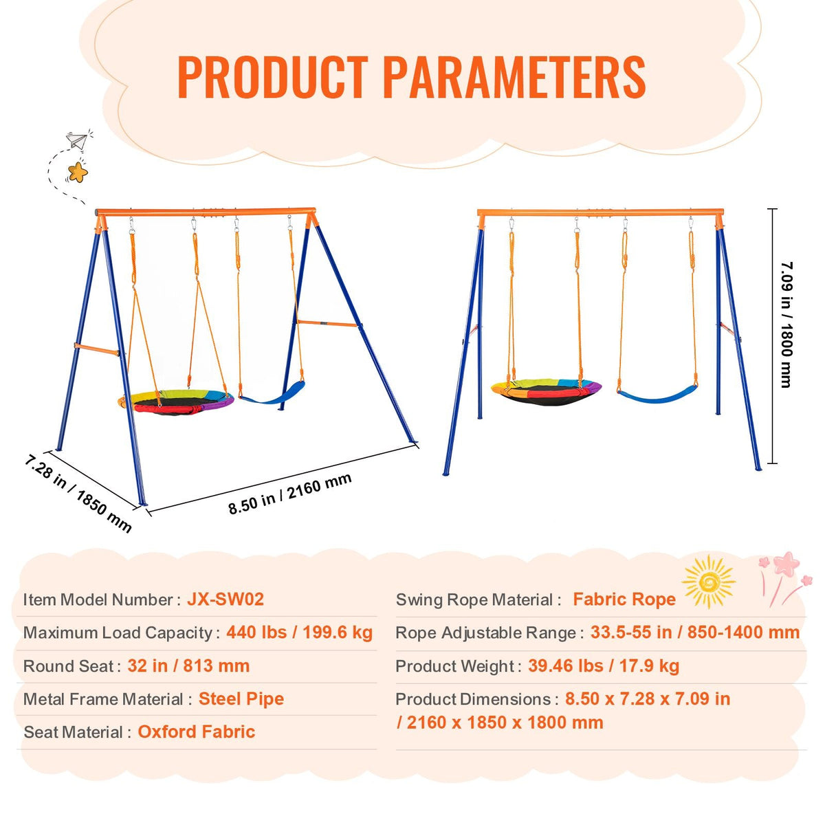 Swing Sets for Backyard, 440lbs Load Capacity Swing Set, with 1 Saucer Swing Seat, 1 Belt Swing Seat, Heavy Duty A-Frame Metal Swing Stand and Adjustable Rope, Swingset Outdoor for Kids