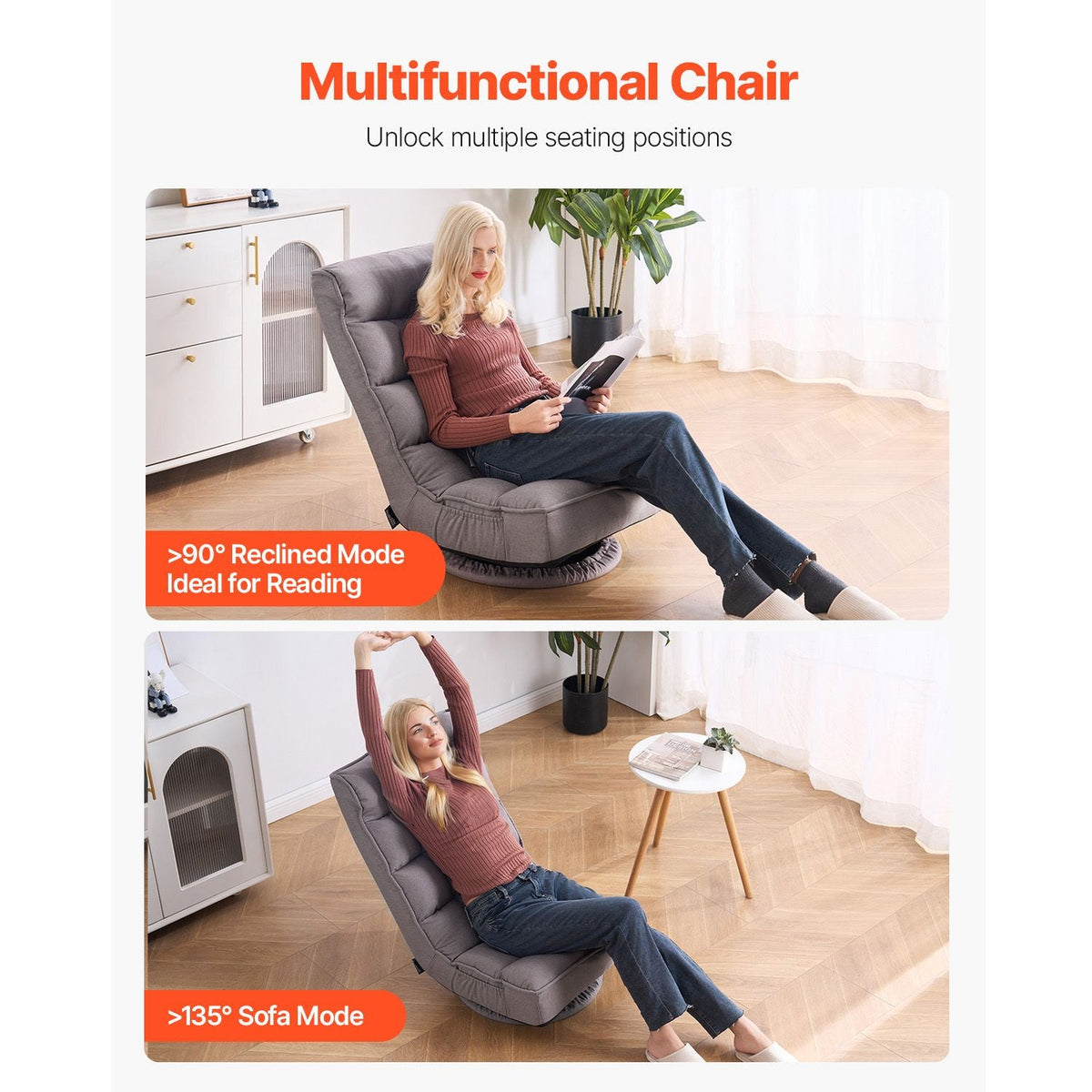 Swivel Floor Gaming Chair, 360-Degree Rotating Floor Chair with 4 Adjustable Position Folding Backrest and Lumbar Support, Folding Video Reclining Sofa for Watching TV Reading Playing Game, Gray