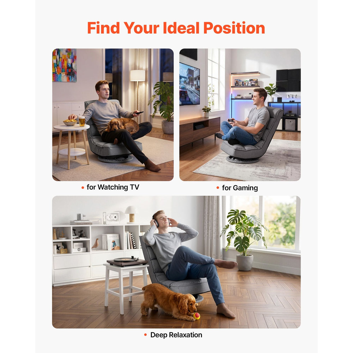 Swivel Floor Gaming Chair, 360-Degree Rotating Floor Chair with 4 Adjustable Position Folding Backrest, Metal Frame with Recycled Foam and Linen Fabric, for Watching TV, Reading, Relaxing, Gray
