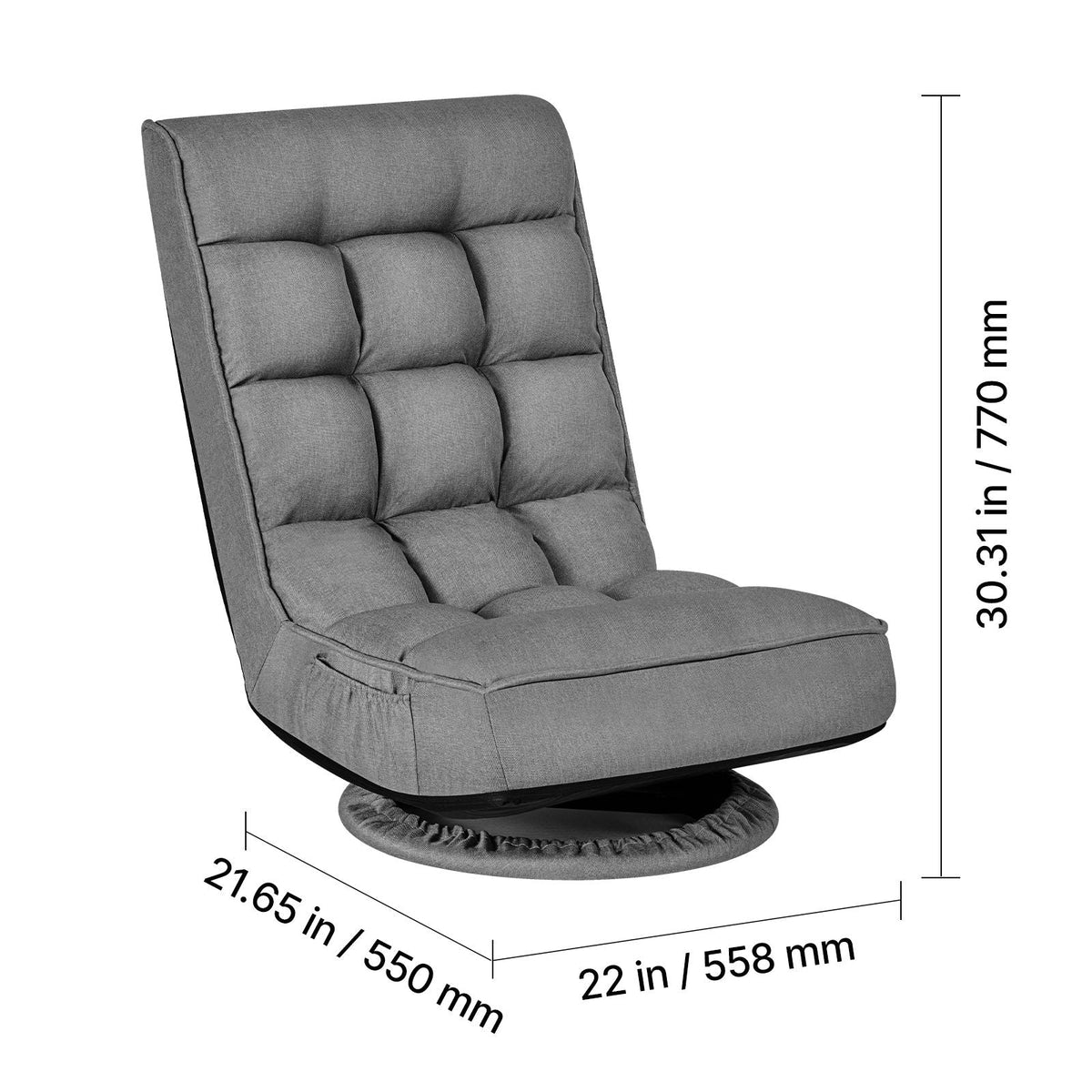 Swivel Floor Gaming Chair, 360-Degree Rotating Floor Chair with 4 Adjustable Position Folding Backrest, Metal Frame with Recycled Foam and Linen Fabric, for Watching TV, Reading, Relaxing, Gray