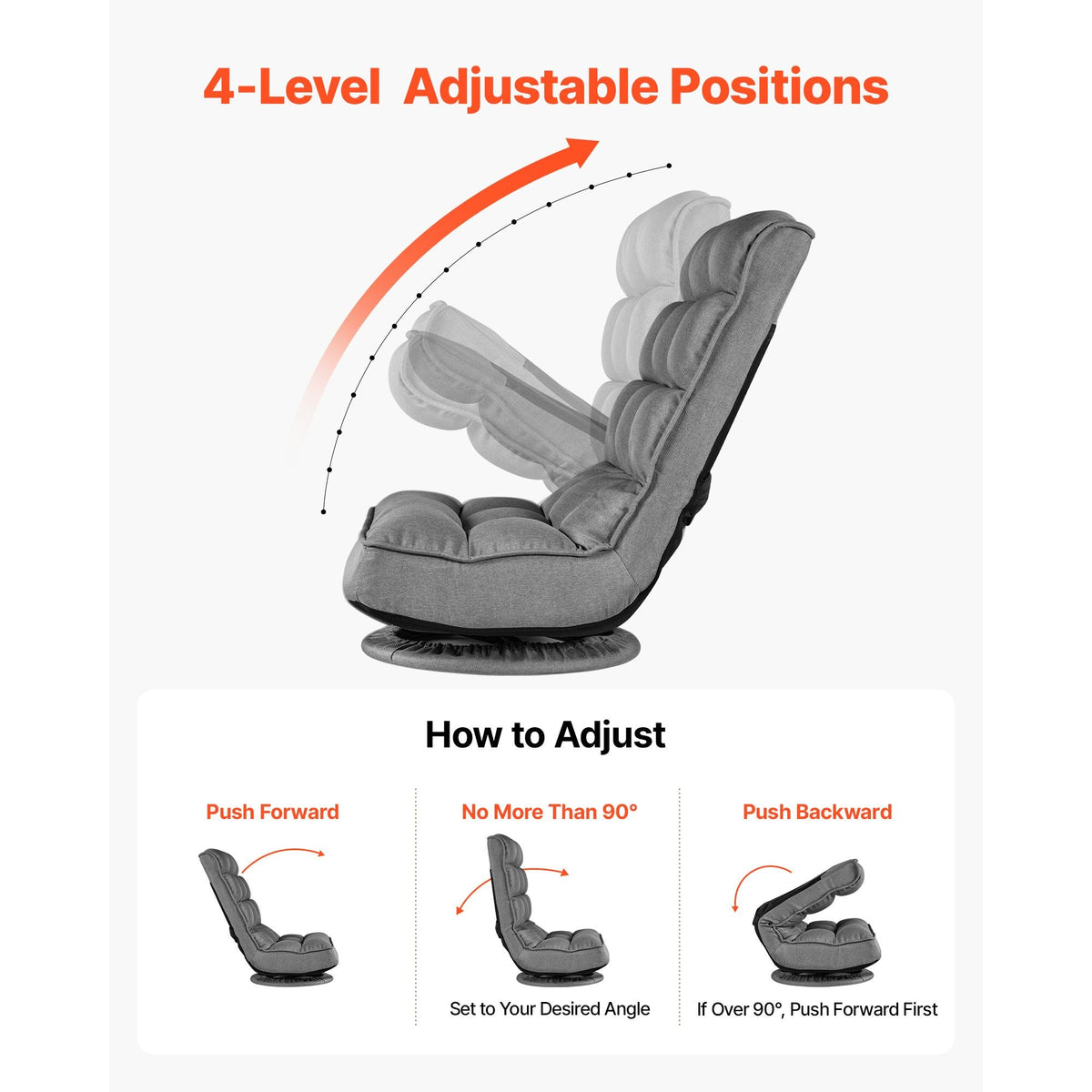 Swivel Floor Gaming Chair, 360-Degree Rotating Floor Chair with 4 Adjustable Position Folding Backrest, Metal Frame with Recycled Foam and Linen Fabric, for Watching TV, Reading, Relaxing, Gray