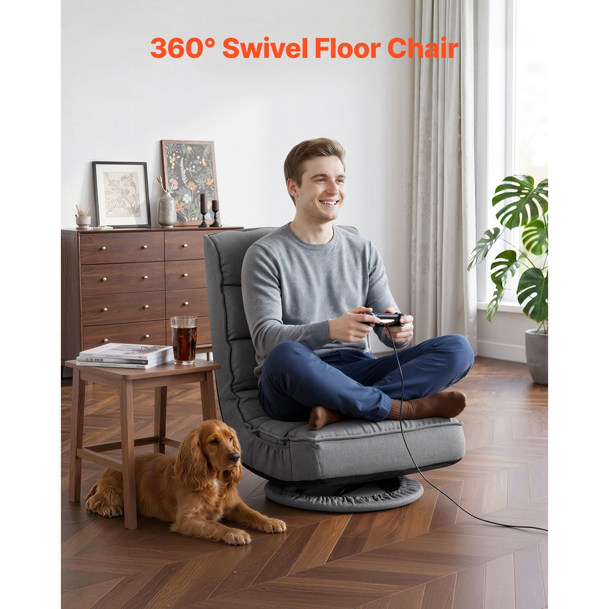 Swivel Floor Gaming Chair, 360-Degree Rotating Floor Chair with 4 Adjustable Position Folding Backrest, Metal Frame with Recycled Foam and Linen Fabric, for Watching TV, Reading, Relaxing, Gray