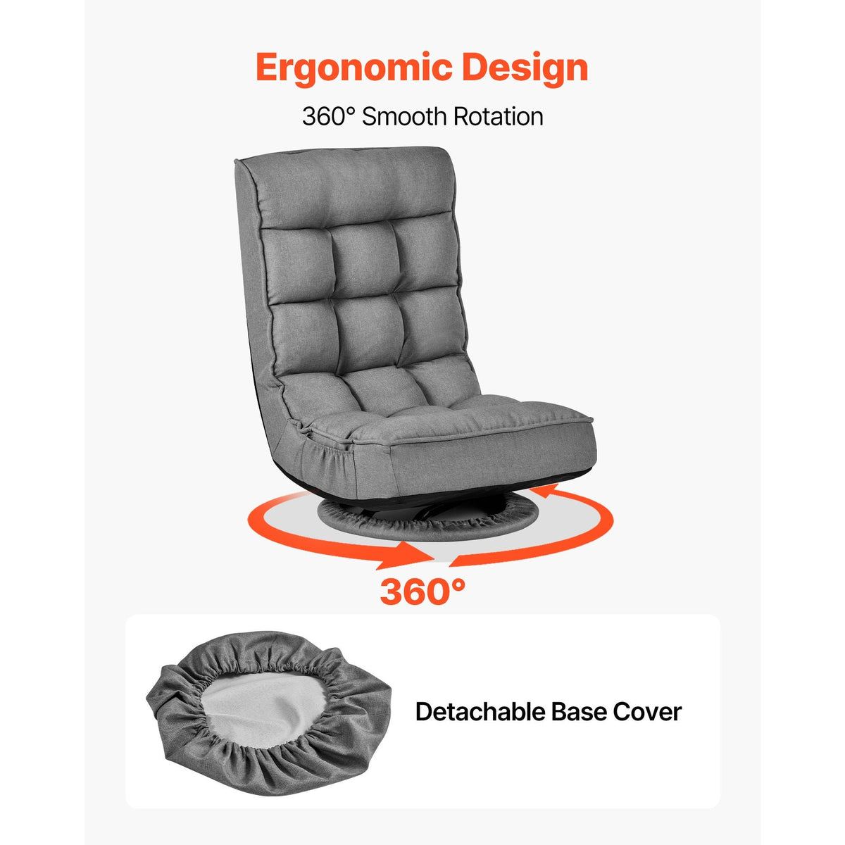 Swivel Floor Gaming Chair, 360-Degree Rotating Floor Chair with 4 Adjustable Position Folding Backrest, Metal Frame with Recycled Foam and Linen Fabric, for Watching TV, Reading, Relaxing, Gray