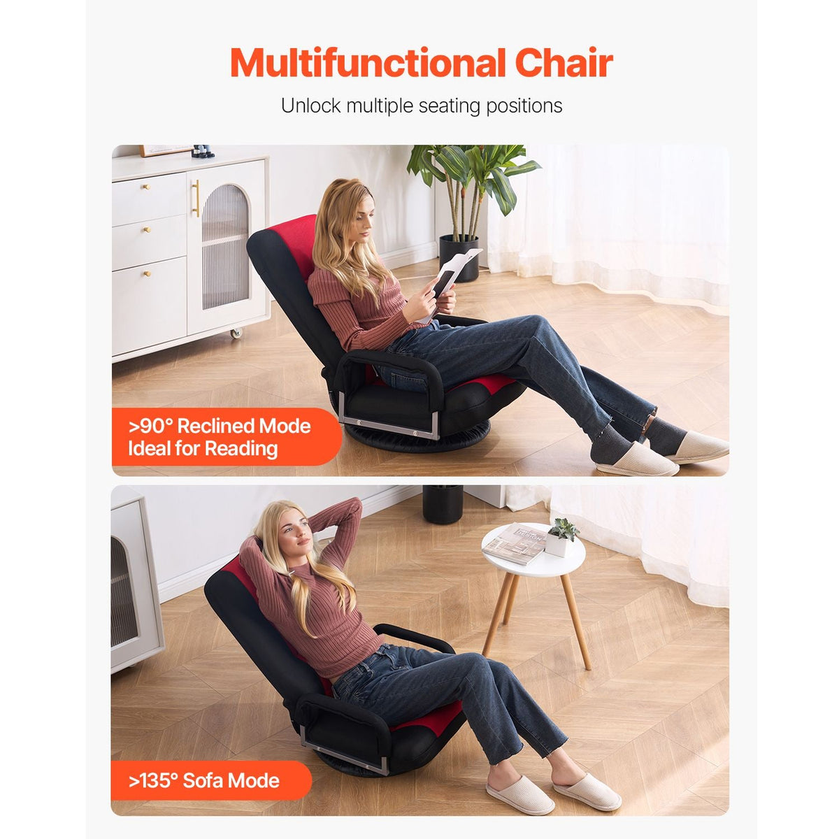 Swivel Floor Gaming Chair with Armrests, 360-Degree Rotating Floor Chair with 6 Adjustable Position Folding Backrest and Lumbar Support, Folding Video Reclining Sofa for TV Reading, Red Black