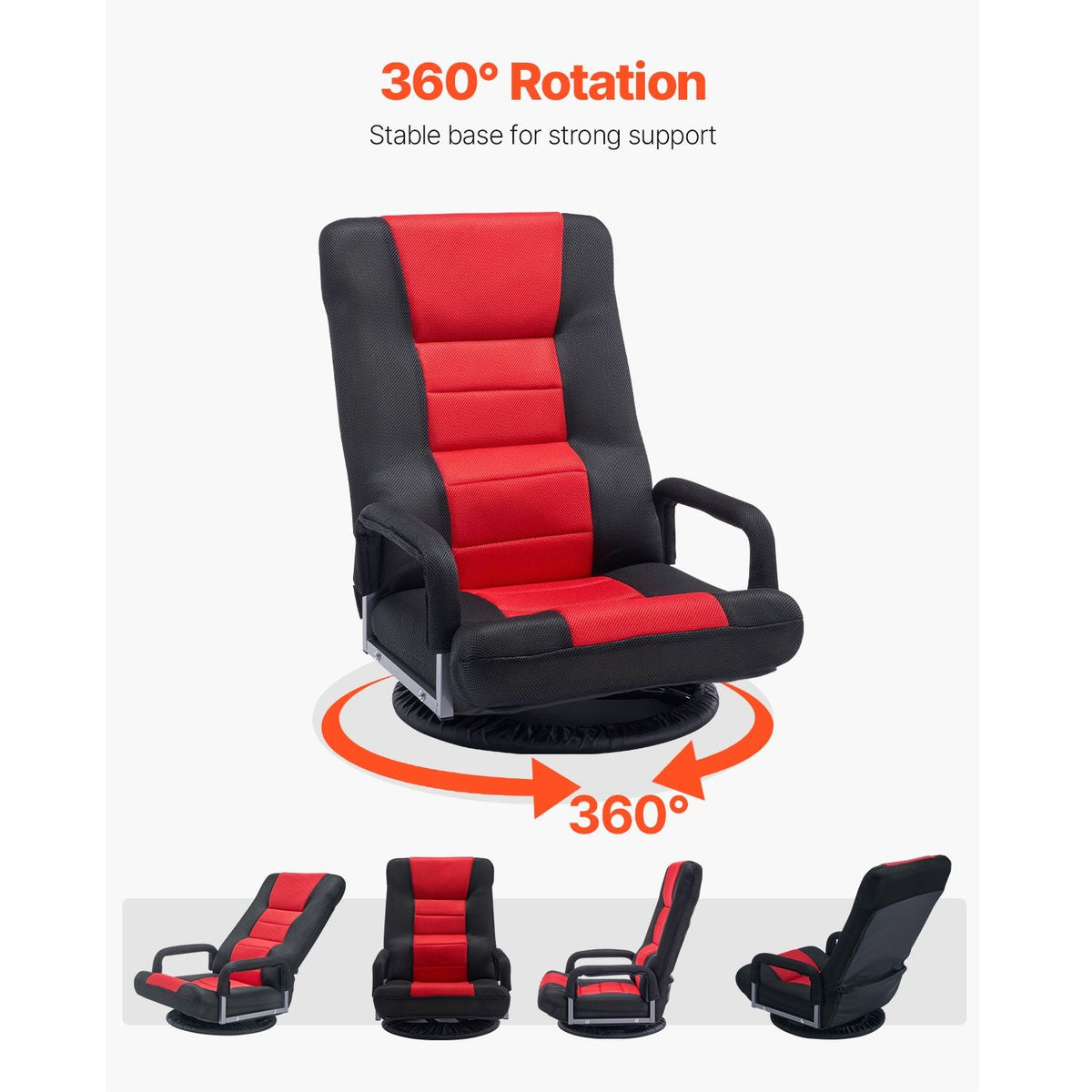 Swivel Floor Gaming Chair with Armrests, 360-Degree Rotating Floor Chair with 6 Adjustable Position Folding Backrest and Lumbar Support, Folding Video Reclining Sofa for TV Reading, Red Black