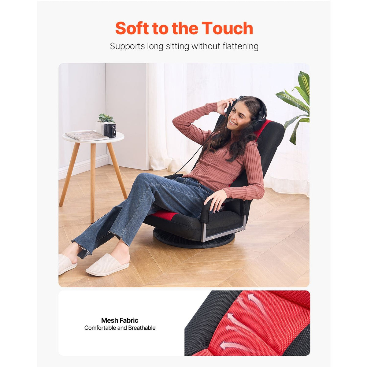 Swivel Floor Gaming Chair with Armrests, 360-Degree Rotating Floor Chair with 6 Adjustable Position Folding Backrest and Lumbar Support, Folding Video Reclining Sofa for TV Reading, Red Black