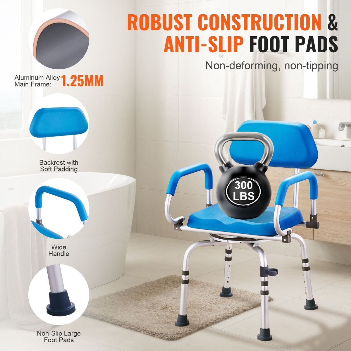 Swivel Shower Chair 360 Degree, Adjustable Shower Seat with Pivoting Arms & Padded Bath Seat for Inside Shower or Tub, Non-Slip Rotating Bathtub Chair for Elderly Disabled, 300LBS Capacity